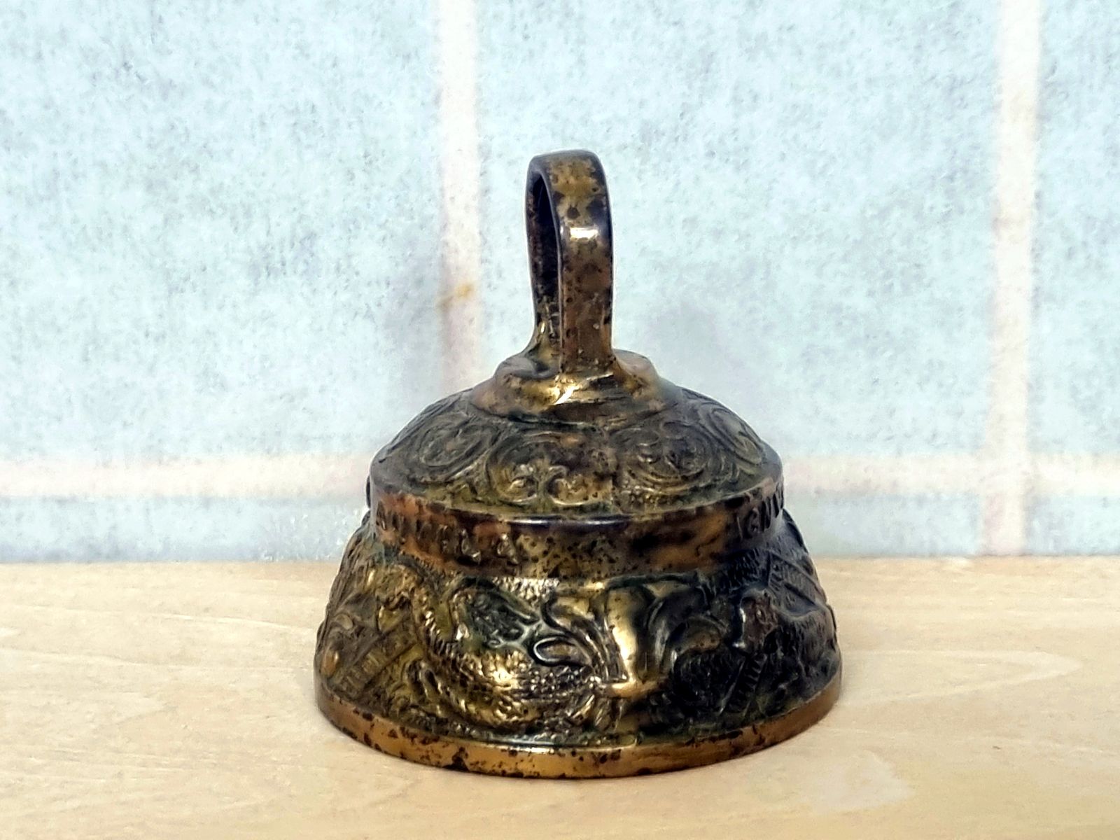 Antique Brass Church Bell, Sanctuary Altar Hand Bell, Latin Motto Relief, 1930s, Tarnished Patina photo vintage