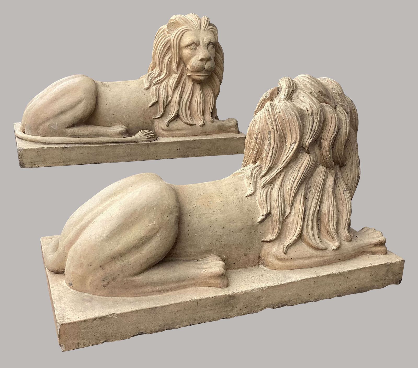 Spectacular C19th Very Large Pair Of Buff Terracotta Lions photo vinterior