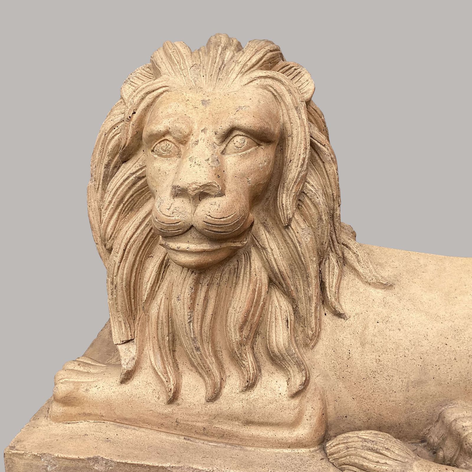 photo for sale Spectacular C19th Very Large Pair Of Buff Terracotta Lions