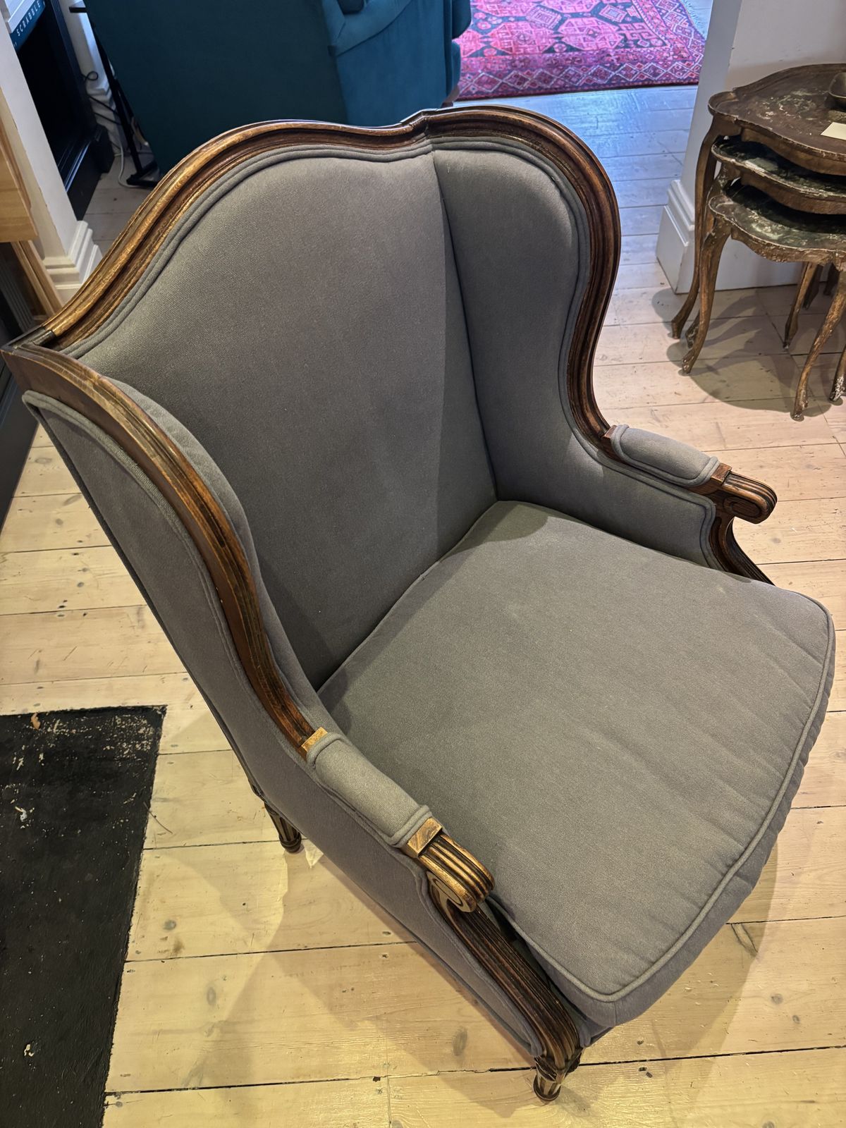 [ ] Gray Chair  19th Century High Backed Winged Bergere /Armchair; With Carved Wooden Frame, photo for sale