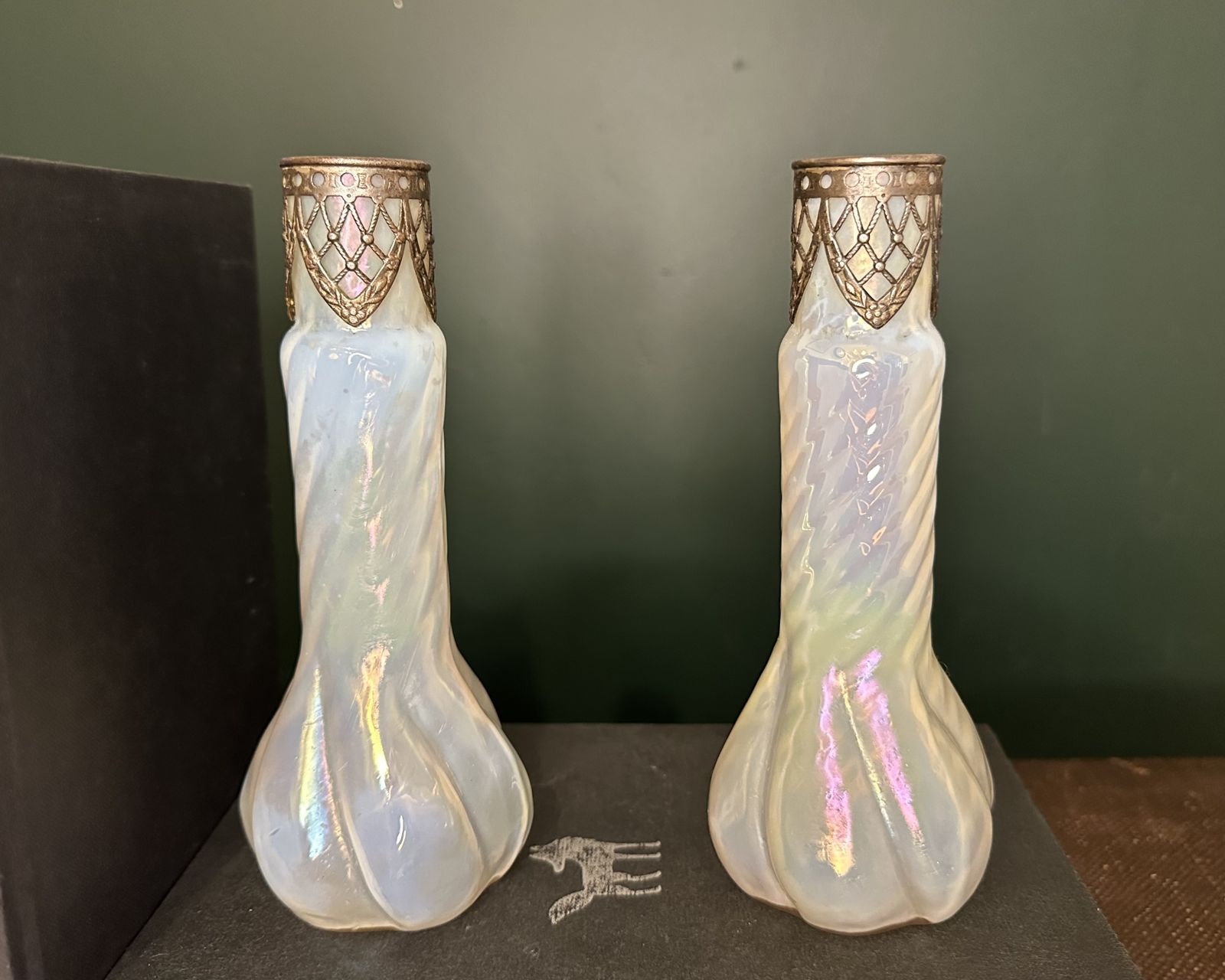 A Pair Of Intricate Iridescent Art Glass Vases photo Art