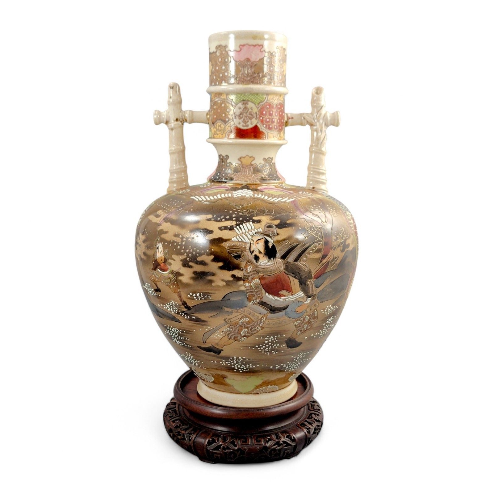Large Satsuma Samurai Vase By Kinkozan, Rare Bamboo Handle Form, Meiji Japan C. 1875, 38 Cm