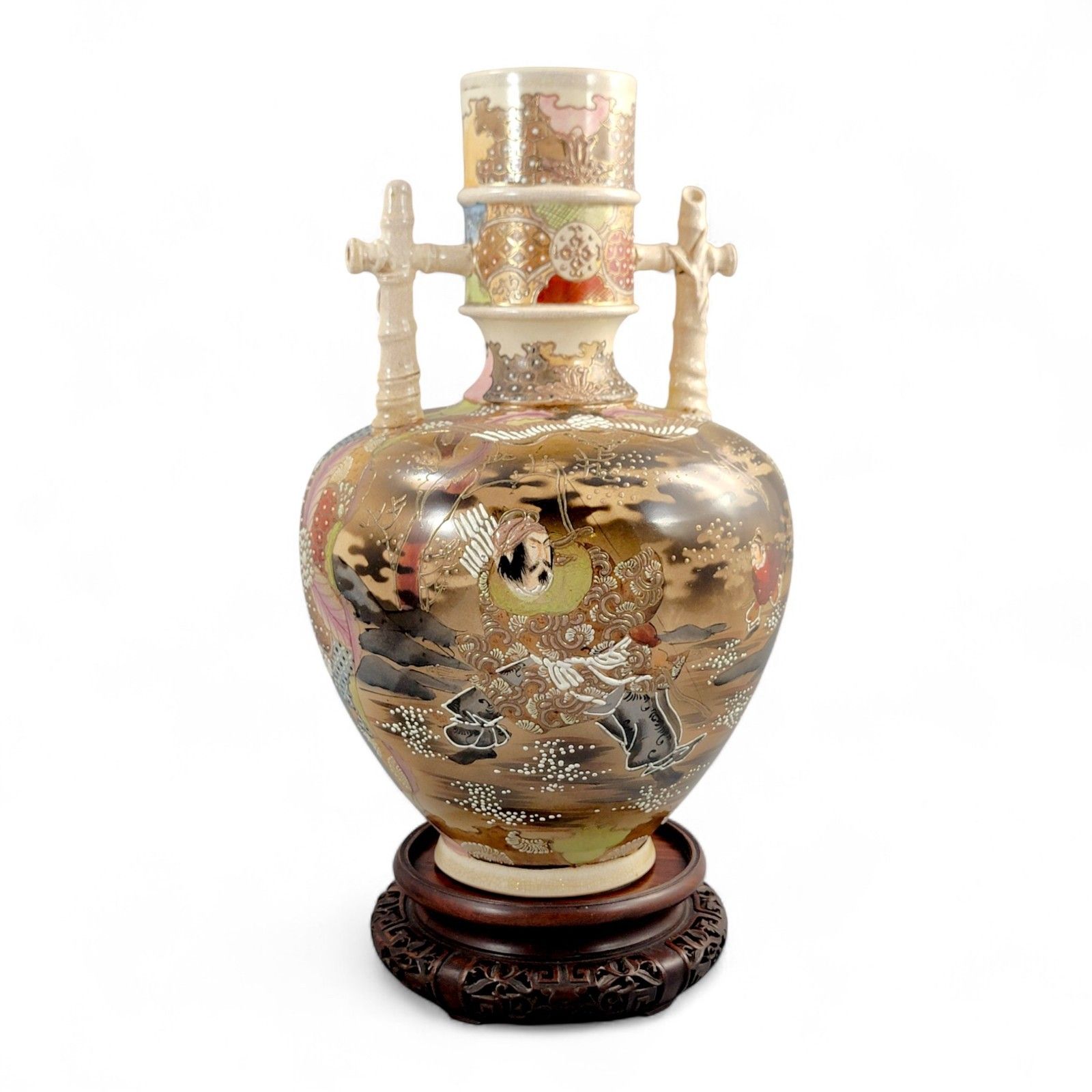 Large Satsuma Samurai Vase By Kinkozan, Rare Bamboo Handle Form, Meiji Japan C. 1875, 38 Cm photo 3300.0