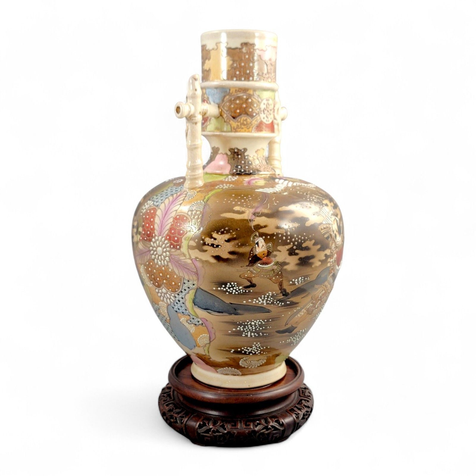 Large Satsuma Samurai Vase By Kinkozan, Rare Bamboo Handle Form, Meiji Japan C. 1875, 38 Cm photo vintage