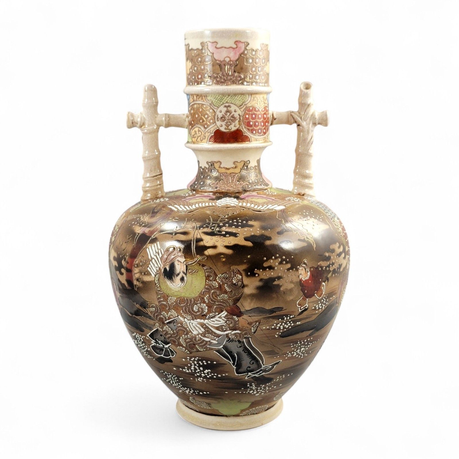 photo for sale Large Satsuma Samurai Vase By Kinkozan, Rare Bamboo Handle Form, Meiji Japan C. 1875, 38 Cm