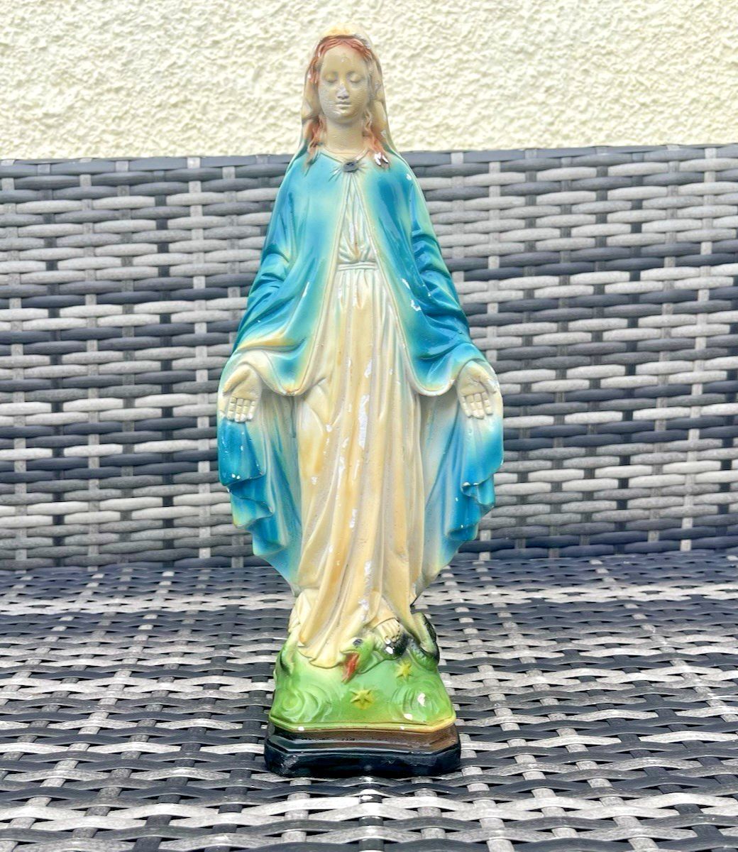 Antique 13" Italian Plaster Chalkware Virgin Mary Figurine Religious Sculpture photo for sale