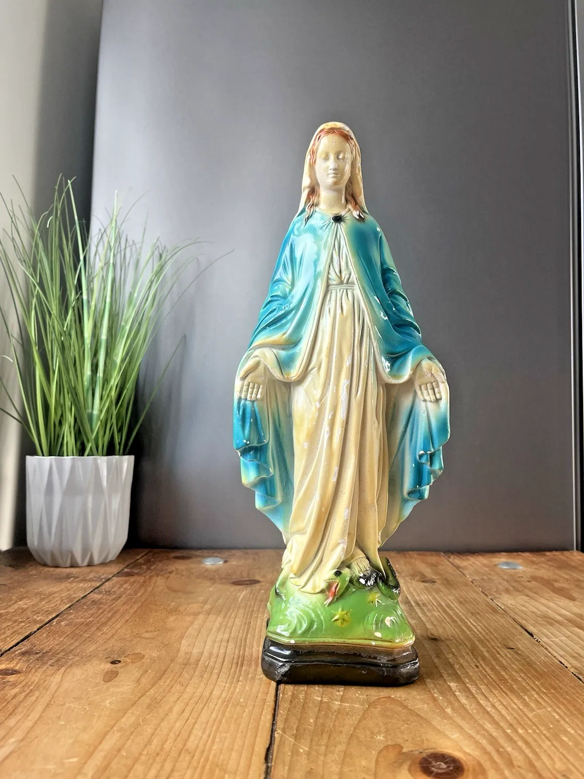 photo for sale Antique 13" Italian Plaster Chalkware Virgin Mary Figurine Religious Sculpture