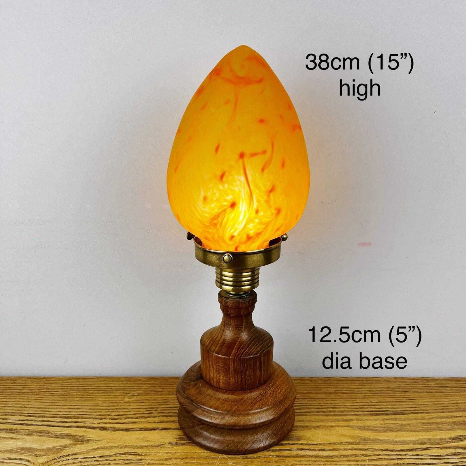 Art Nouveau Wooden Lamp With Orange Glass Teardrop Shade. photo for sale