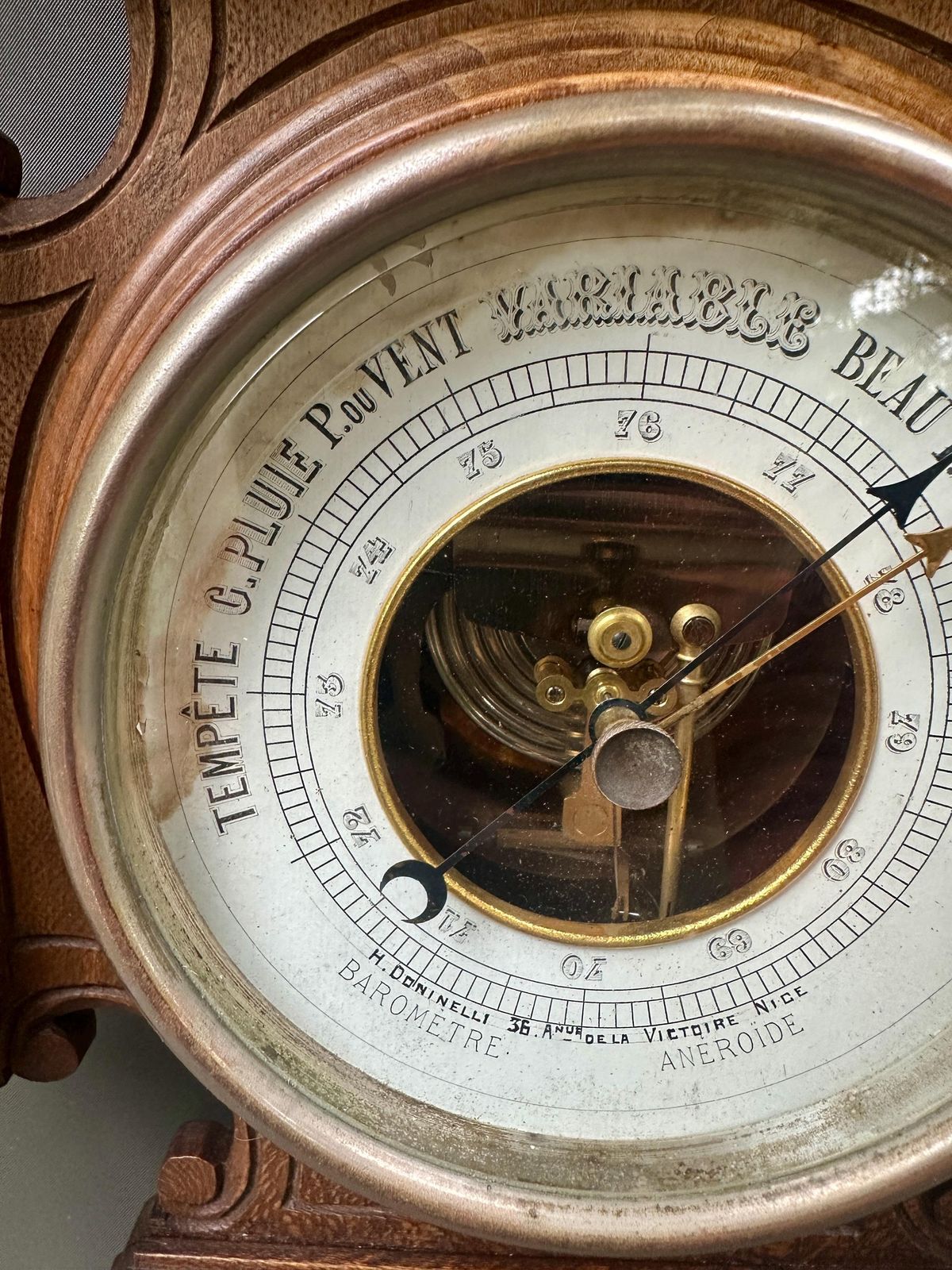French 1900 Belle époque Carved Wood Barometer Thermometer, H. Doninelli Nice, Antique Wall Weather Station, French Home Decor photo 360.0