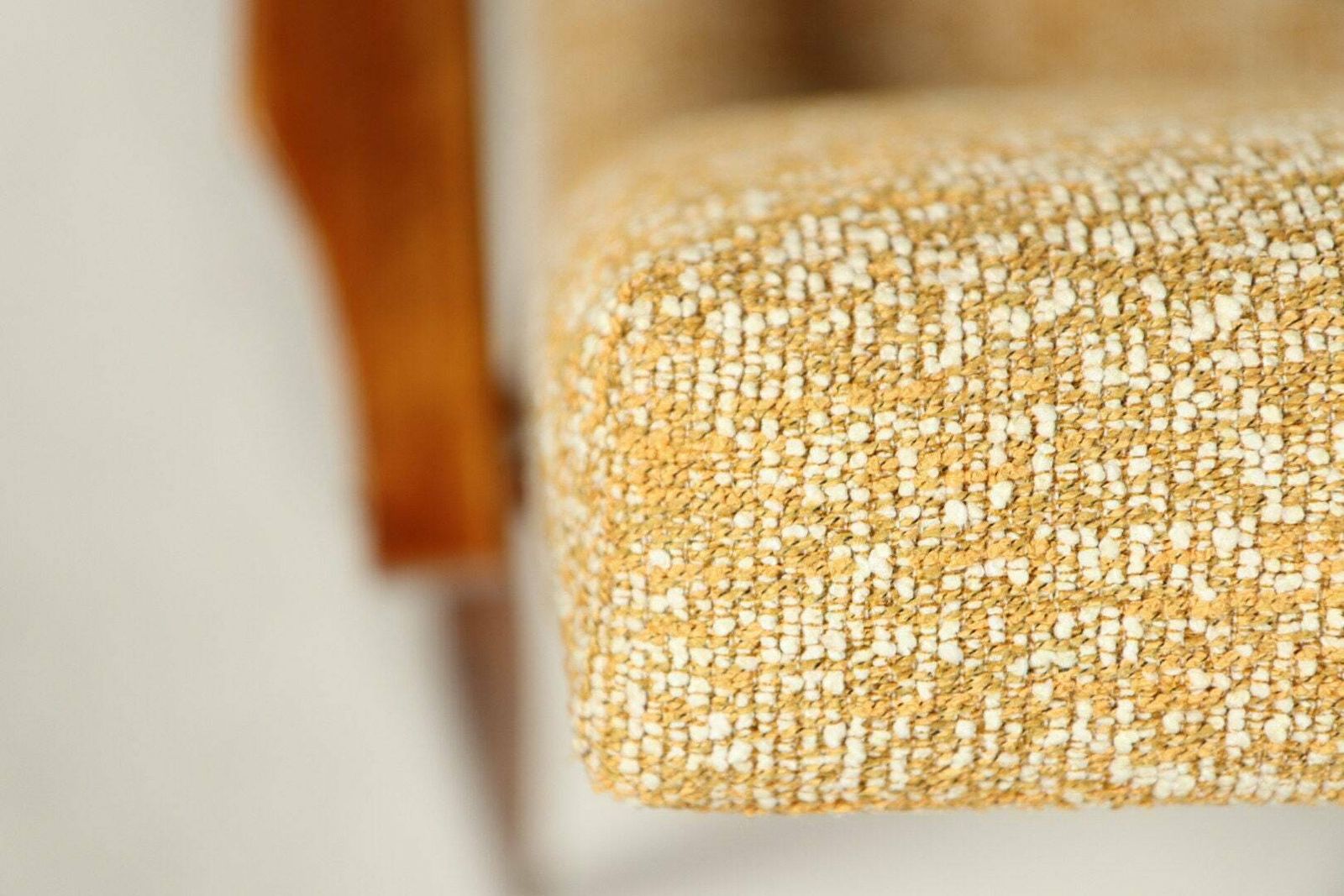 Vintage Armchair Yellow Mellow Fabric Natural Wood Mid Century Modern Design photo Furniture