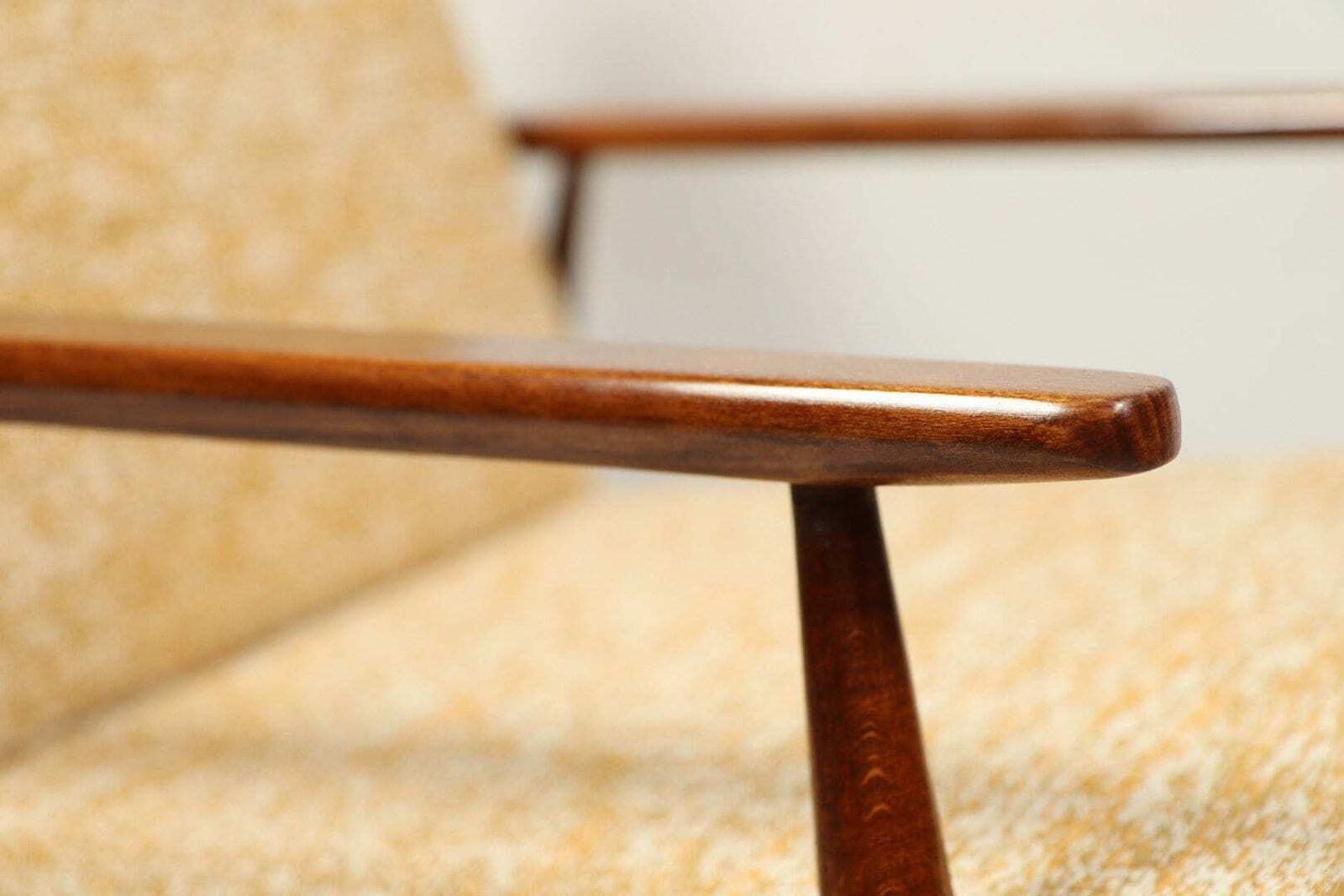 photo for sale Vintage Armchair Yellow Mellow Fabric Natural Wood Mid Century Modern Design