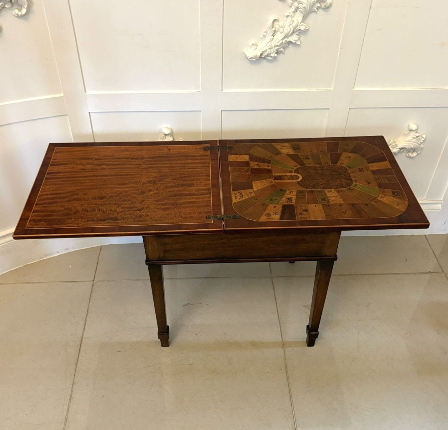 photo for sale Antique Early 20th Century Inlaid Folding Game Table Featuring “The Royal And Pleasant Game Of Goose”