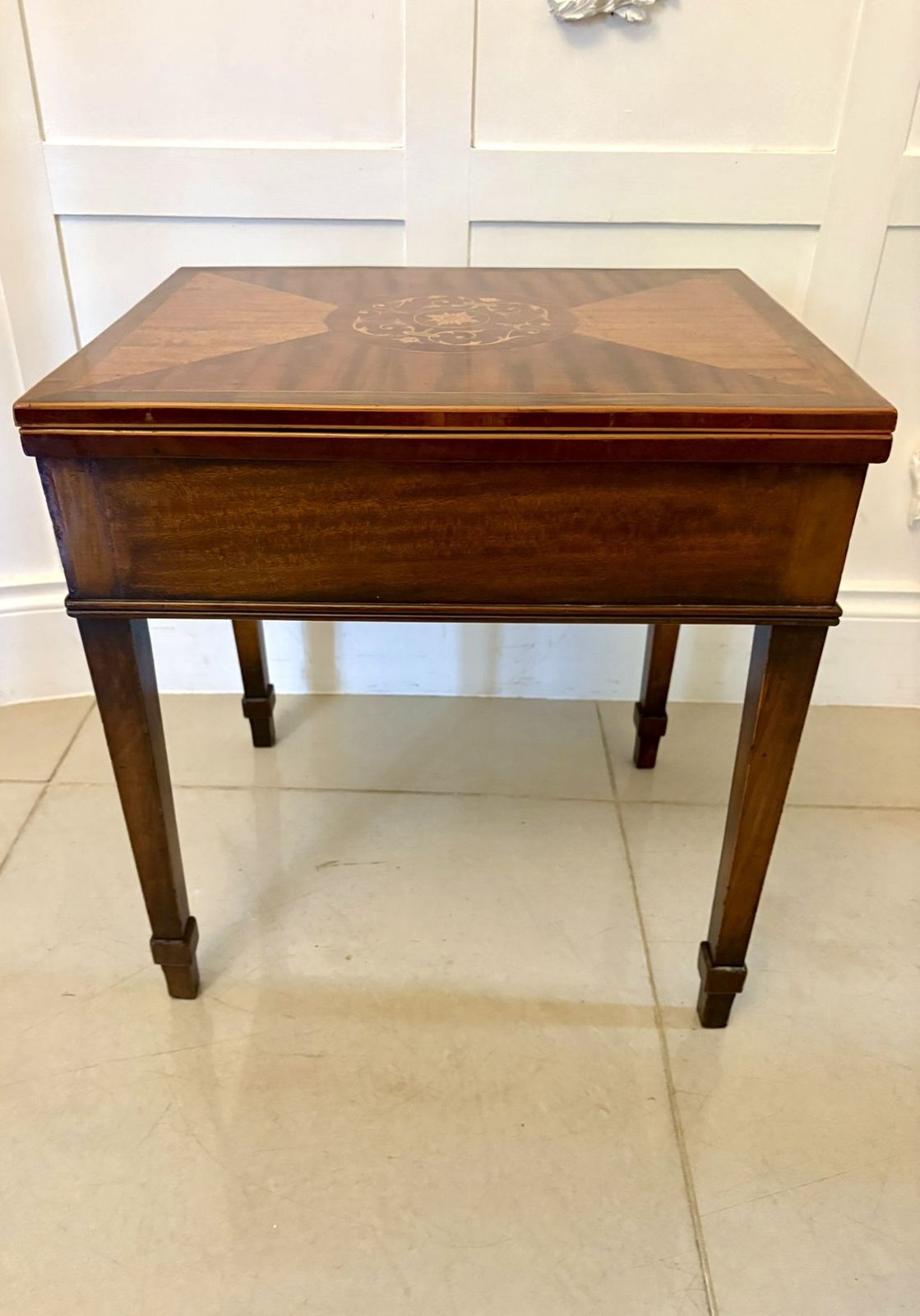 2285.0 Antique Early 20th Century Inlaid Folding Game Table Featuring “The Royal And Pleasant Game Of Goose” photo