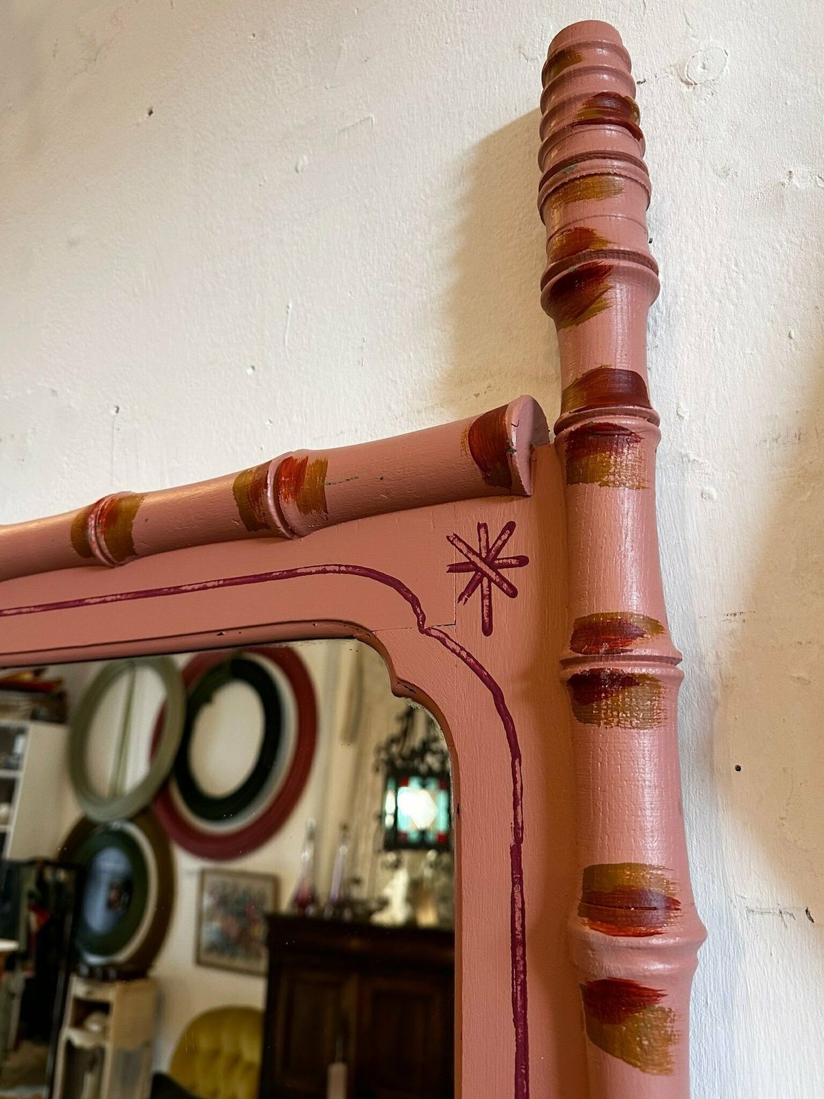 "Made By Muirshin" Faux Bamboo Overpainted Full Length Mirror In Pink photo for sale