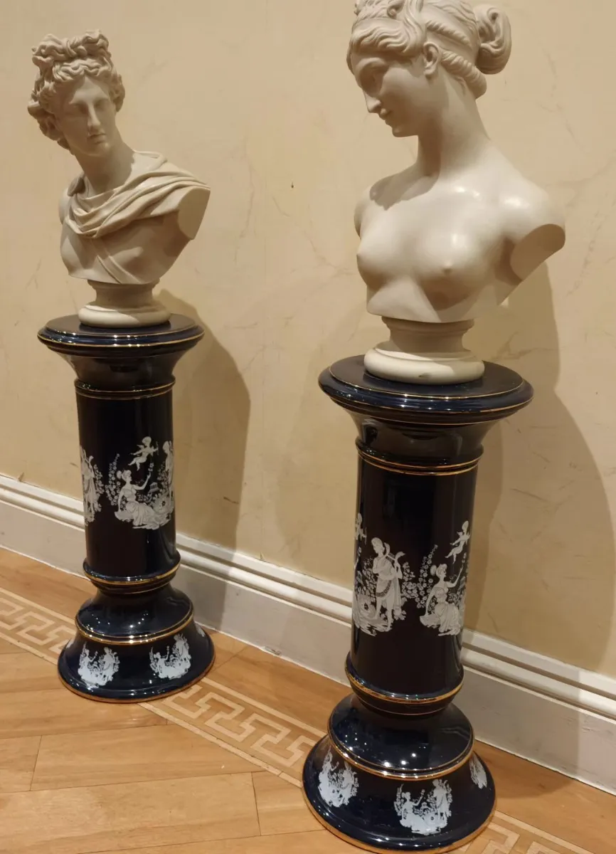 2 X Alabaster Busts Greek God & Goddess On Grecian Gold Painted Porcelain Stands