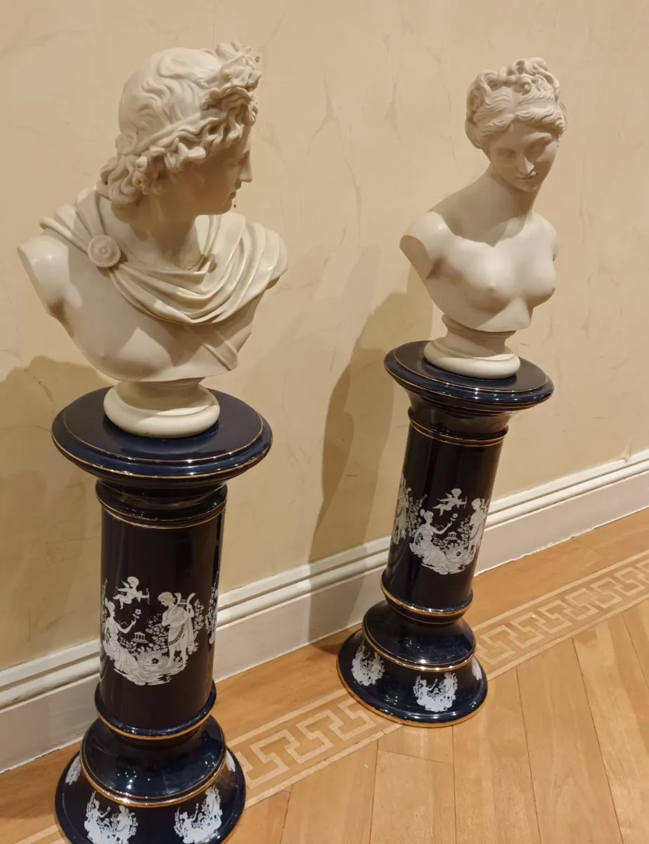 2 X Alabaster Busts Greek God & Goddess On Grecian Gold Painted Porcelain Stands photo furniture