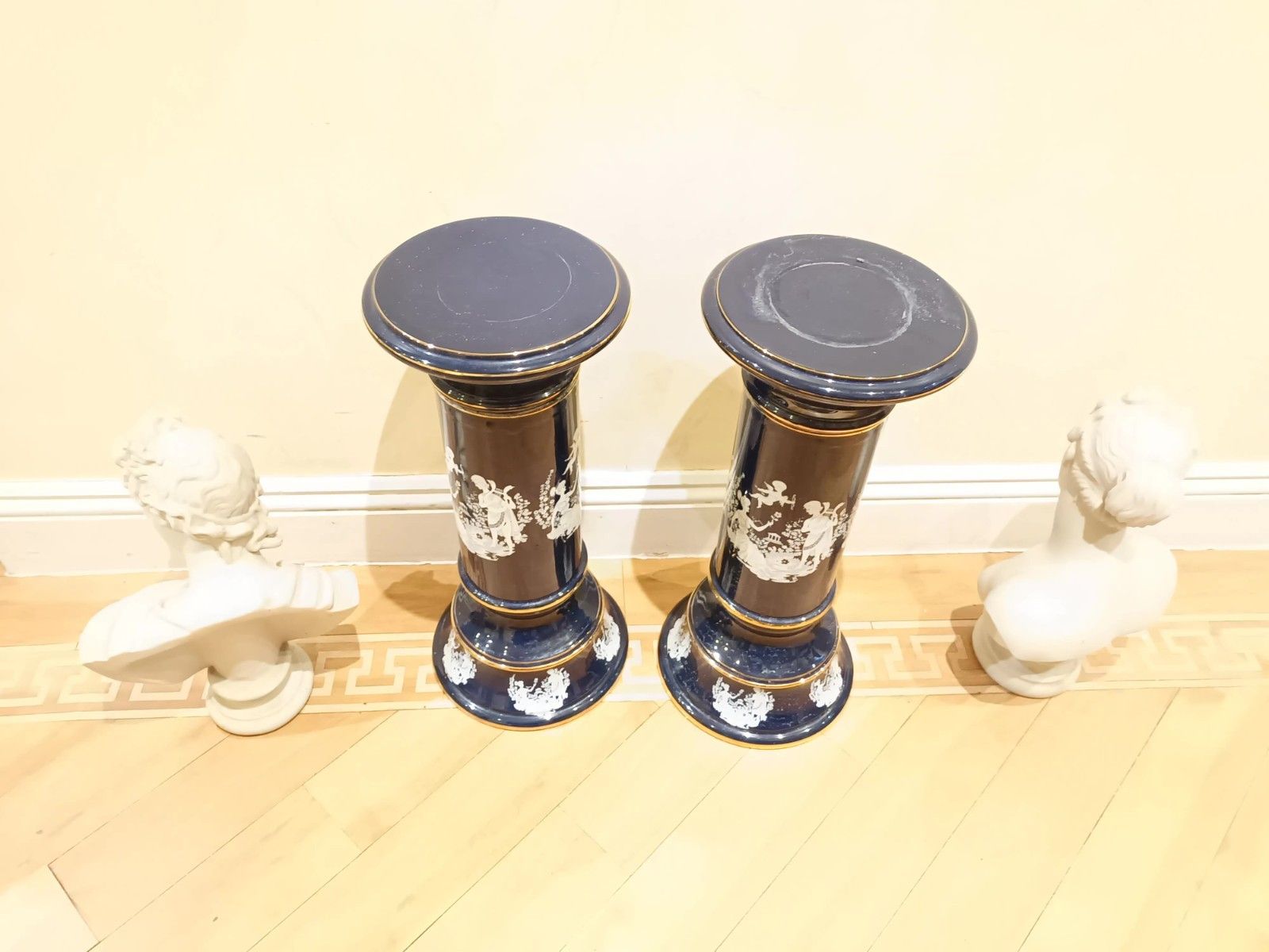 2 X Alabaster Busts Greek God & Goddess On Grecian Gold Painted Porcelain Stands photo for sale