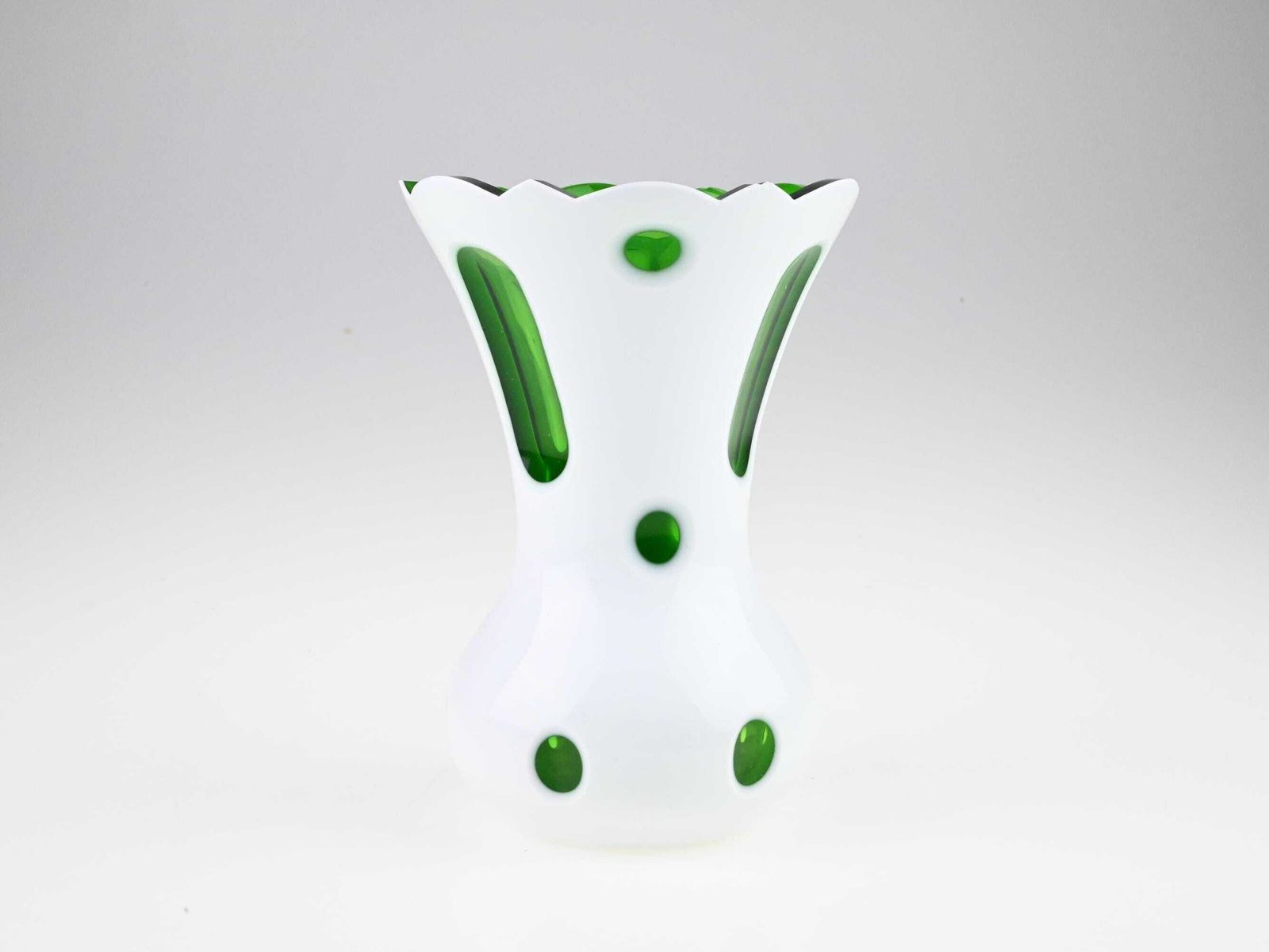 Antique Glass Vase With Green Spots And Cut Outs, Green And White Glass Vase, Czech Glass Vase, Mid Century Vase, Glass Vase, Handmade Vase photo for sale