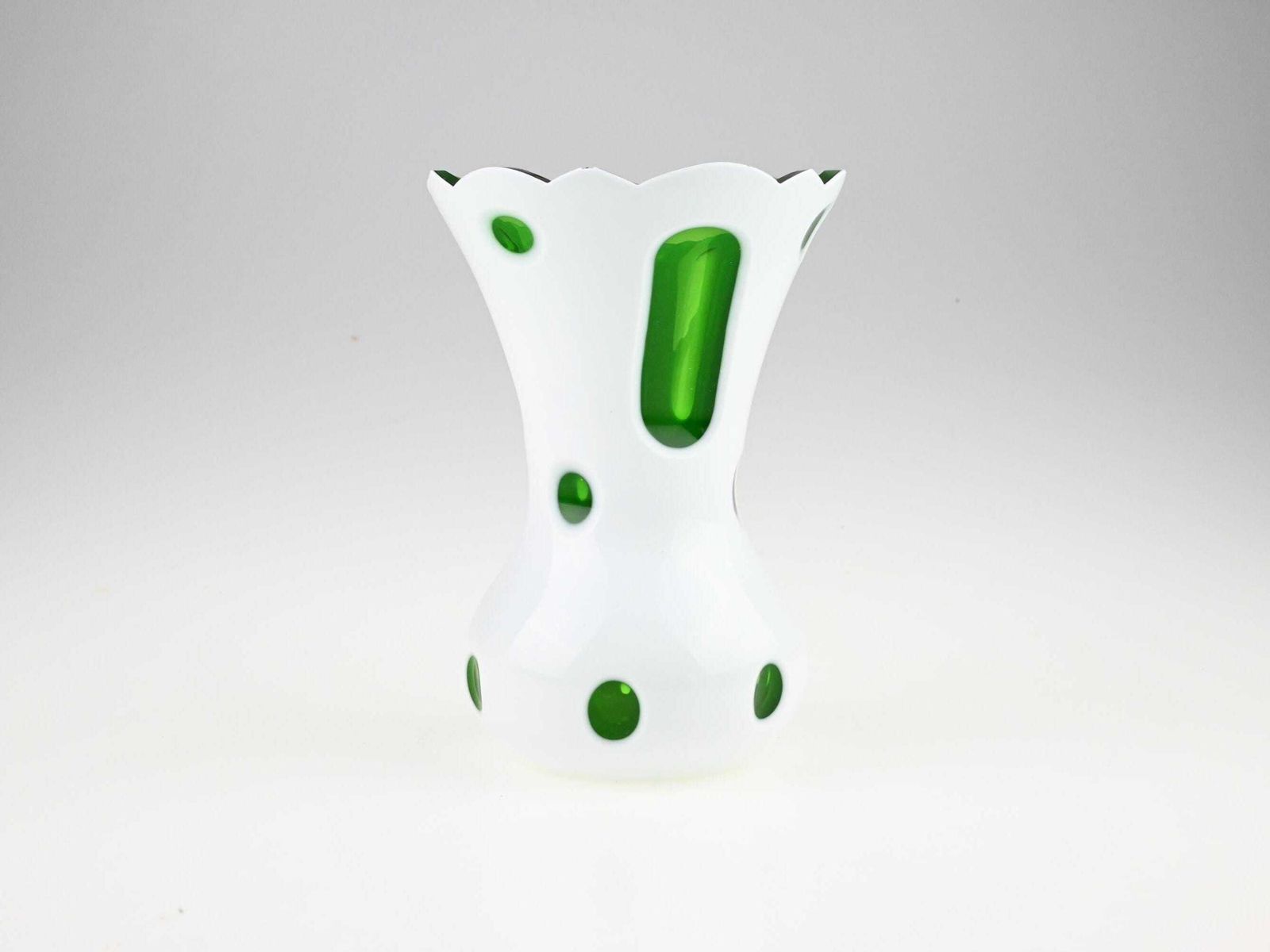 Antique Glass Vase With Green Spots And Cut Outs, Green And White Glass Vase, Czech Glass Vase, Mid Century Vase, Glass Vase, Handmade Vase photo 114.0