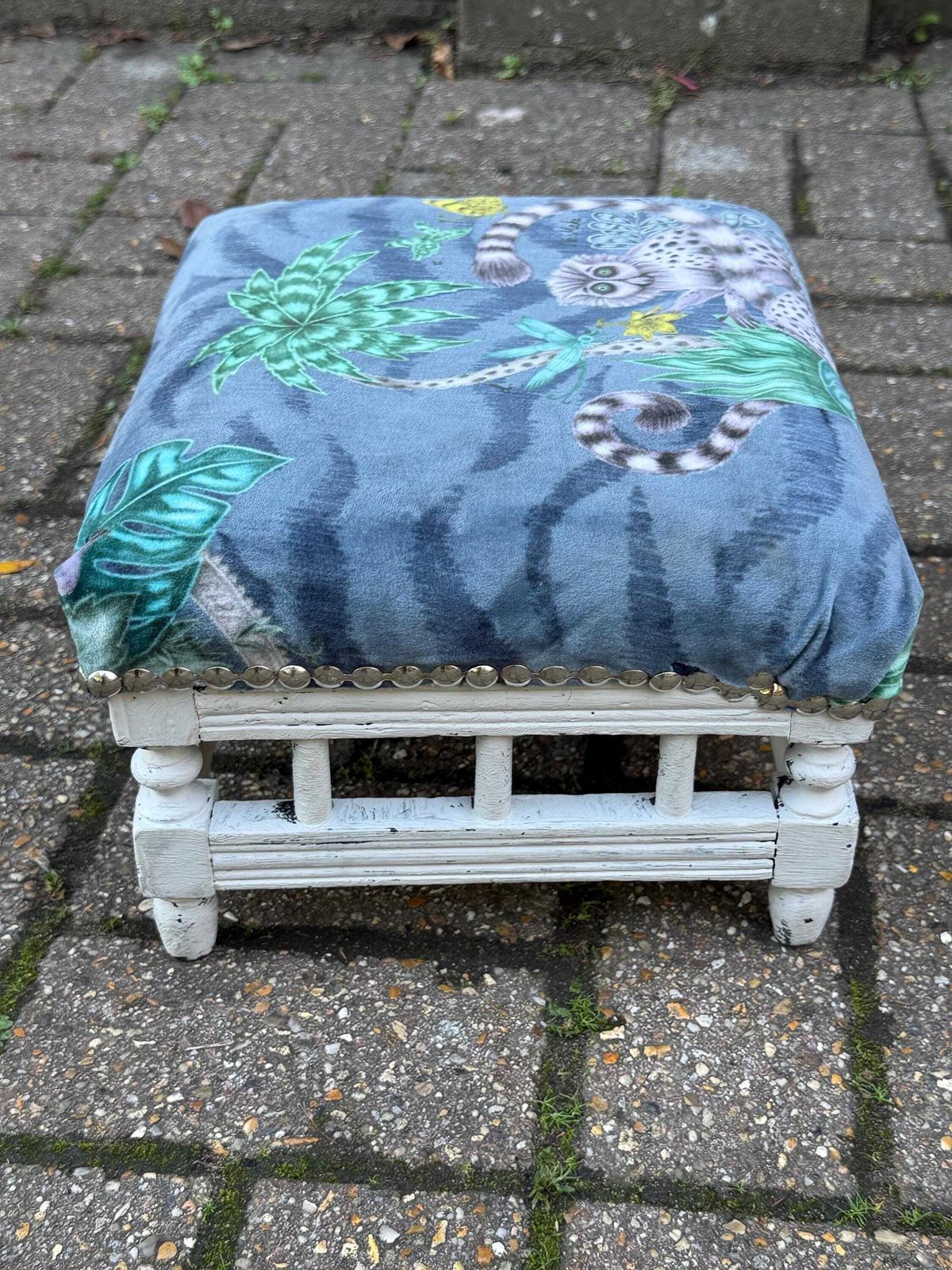Vintage Reupholstered Stool With Botanical Animal Print Fabric – Distressed Painted Wooden Frame / Eclectic Footstool Or Accent Seat, Lemurs photo 75.0