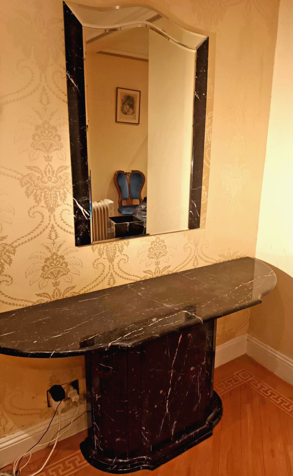 Black Real Italian Marble Designer Console & Mirror, 80s Modern Arte Deco Style