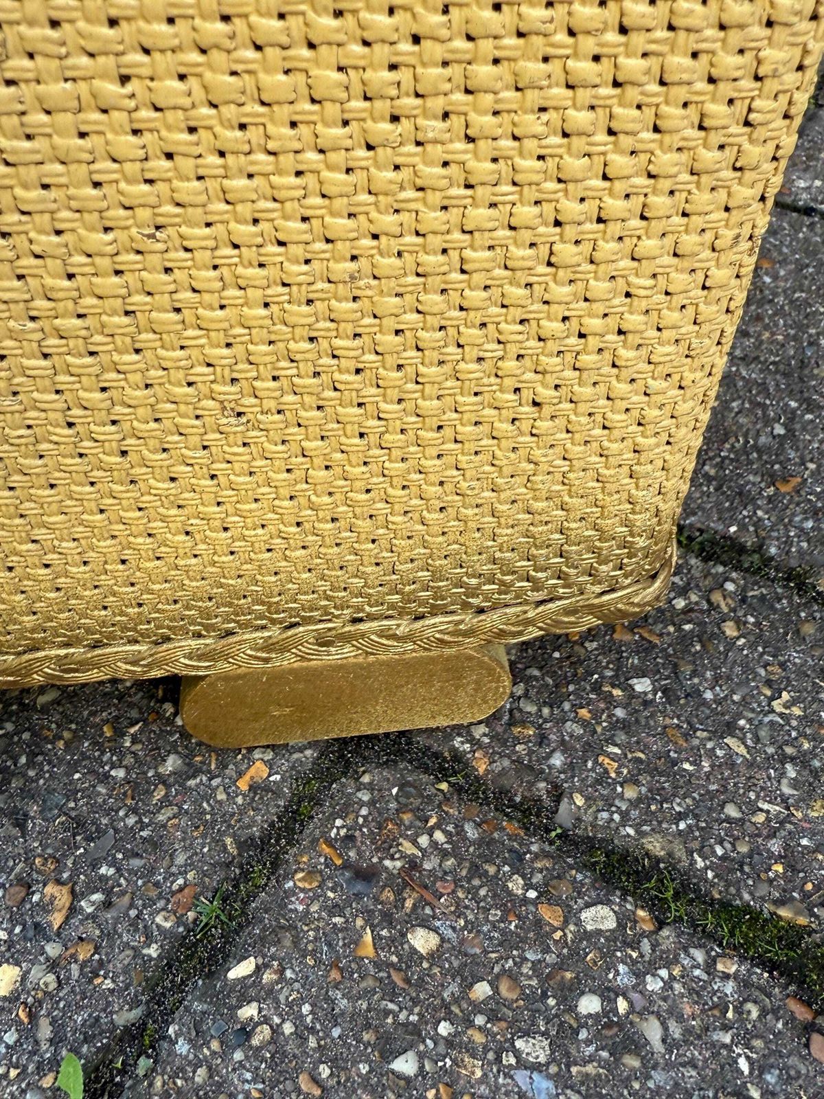 1950s Lloyd Loom Style Laundry Basket – Vgc Gold Wicker Storage Chest With Sage Green Floral Lid, Mid Century Bedroom Decor, Linen Basket photo vinterior