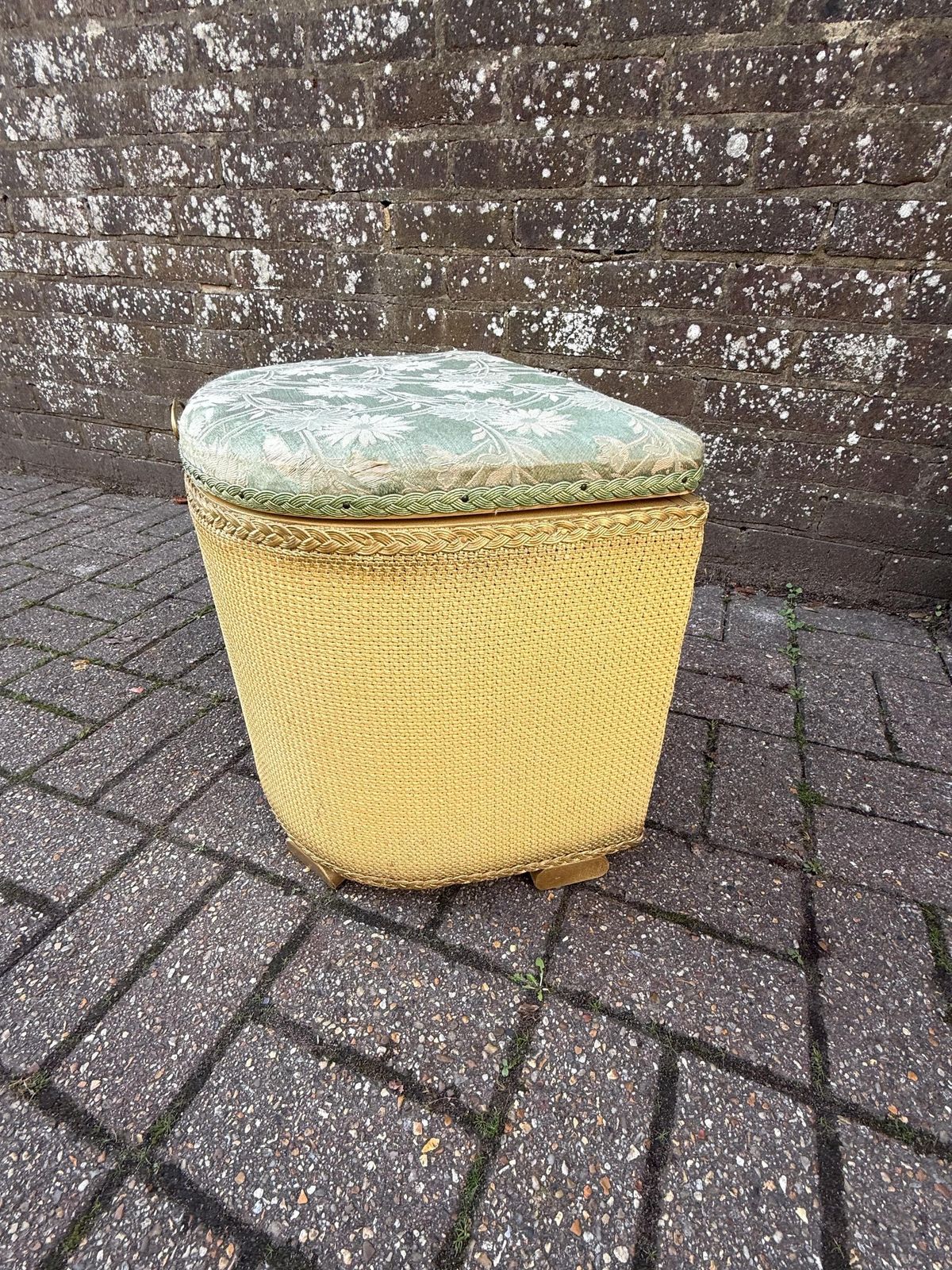 Home Decor 1950s Lloyd Loom Style Laundry Basket – Vgc Gold Wicker Storage Chest With Sage Green Floral Lid, Mid Century Bedroom Decor, Linen Basket photo