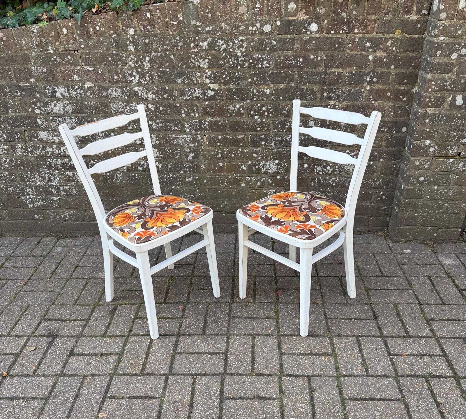 Pair Of 1970s Dining Chairs – Retro Ladderback Chairs With Psychedelic Orange Fabric, Vintage Mid Century Seating, Stamped Or Kitchen Chairs