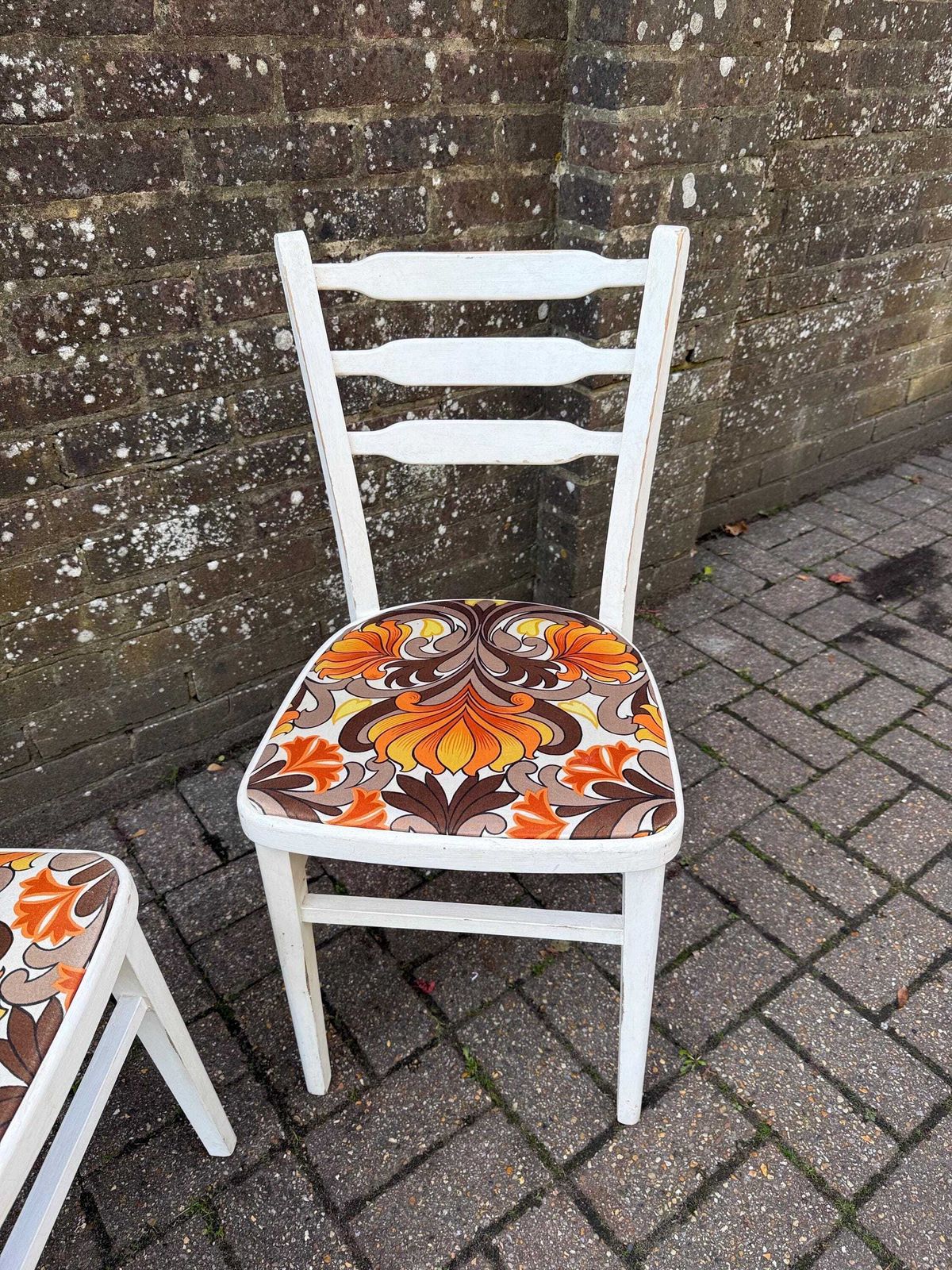 Pair Of 1970s Dining Chairs – Retro Ladderback Chairs With Psychedelic Orange Fabric, Vintage Mid Century Seating, Stamped Or Kitchen Chairs photo Furniture