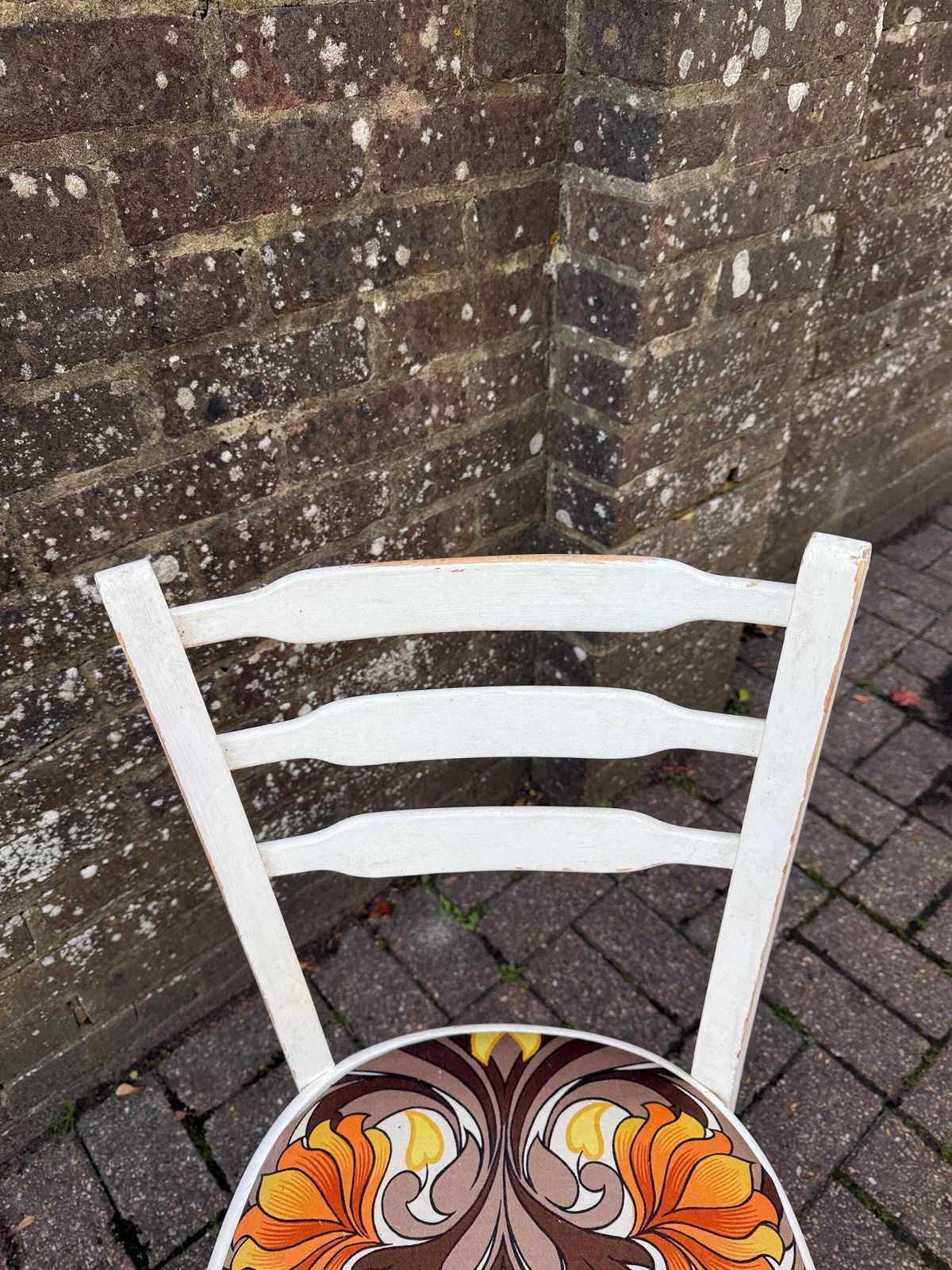photo buy Pair Of 1970s Dining Chairs – Retro Ladderback Chairs With Psychedelic Orange Fabric, Vintage Mid Century Seating, Stamped Or Kitchen Chairs