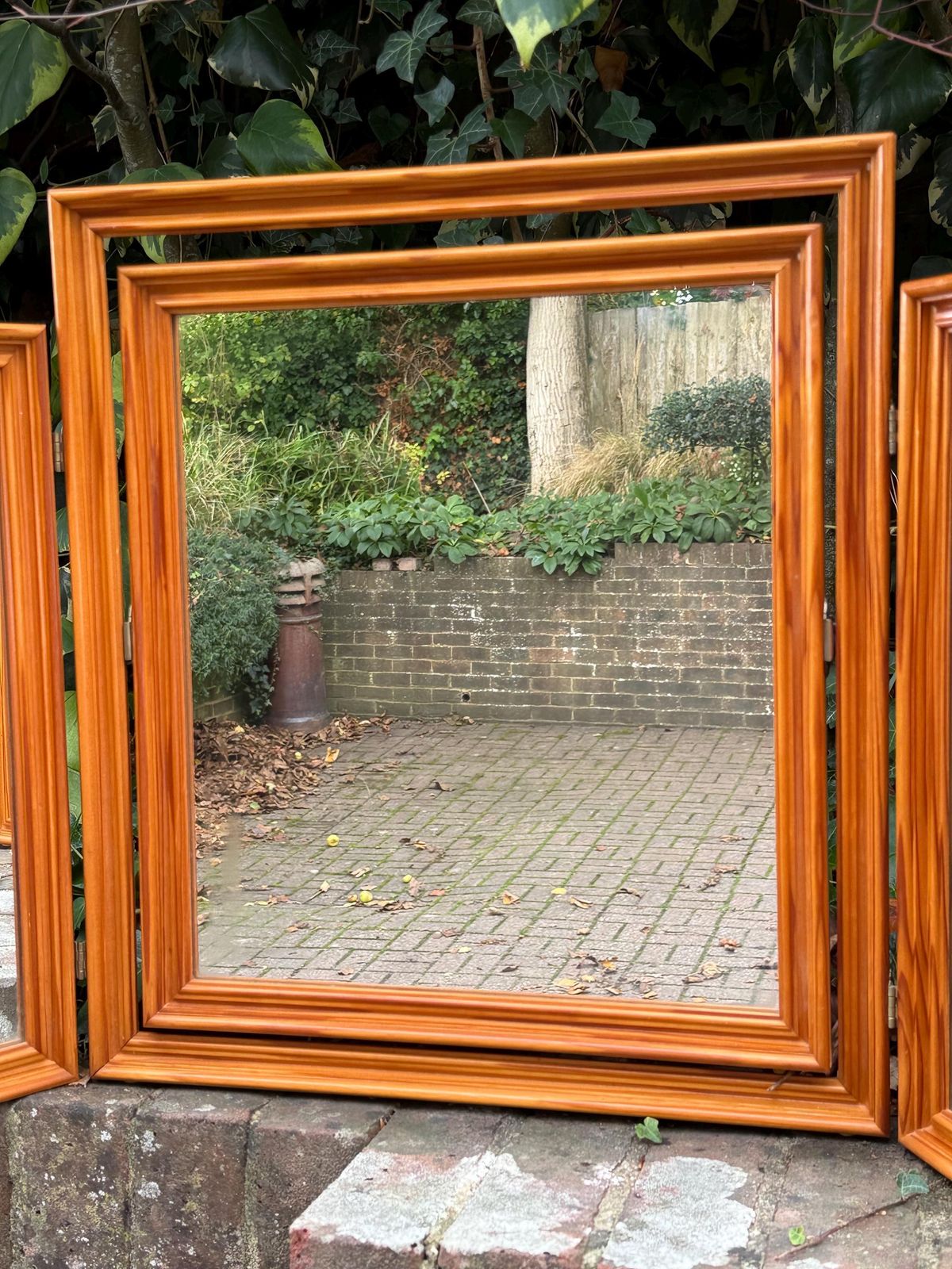 Vintage 1980s Pine Tri Fold Mirror – Retro Dressing Table Or Vanity Mirror / Warm Honey Wood Folding Mirror, Vintage Triple Mirror photo for sale