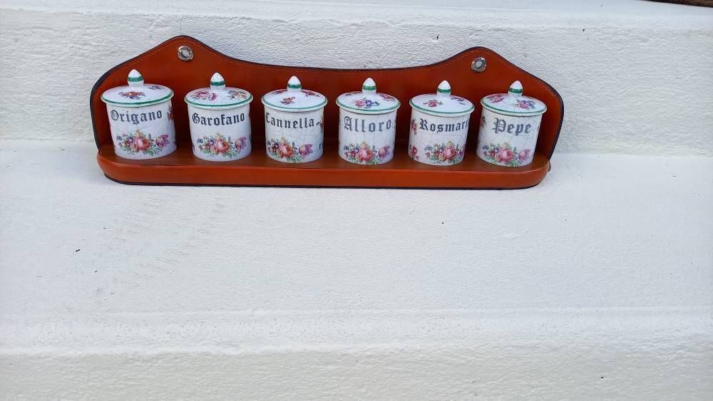 Vintage Italian Kitchen Cannisters, Spice Rack: Ceramic Pots With Leather Shelf