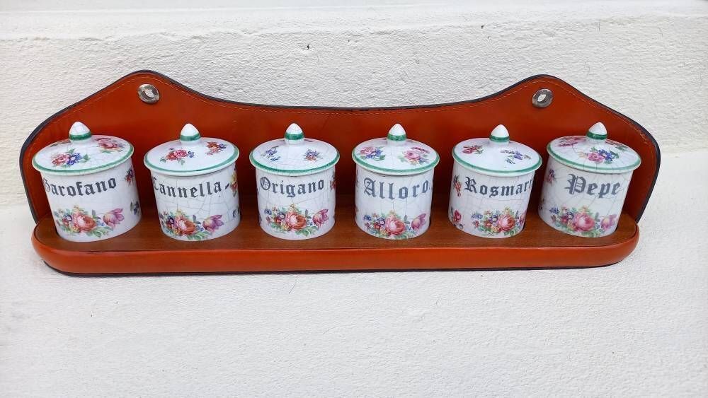 Vintage Italian Kitchen Cannisters, Spice Rack: Ceramic Pots With Leather Shelf photo for sale