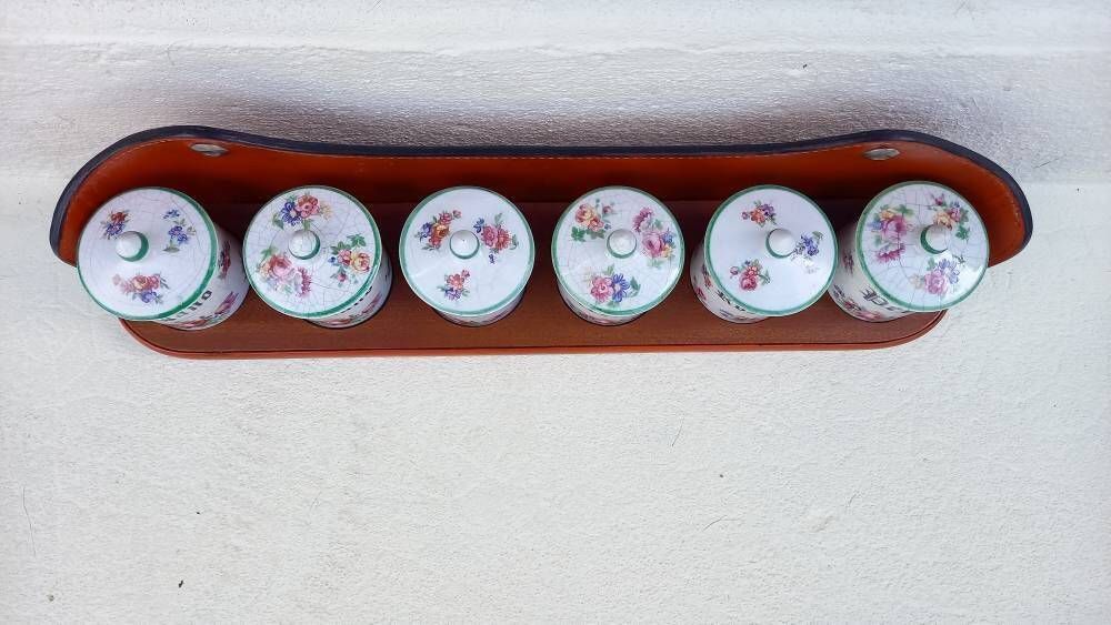 photo furniture Vintage Italian Kitchen Cannisters, Spice Rack: Ceramic Pots With Leather Shelf