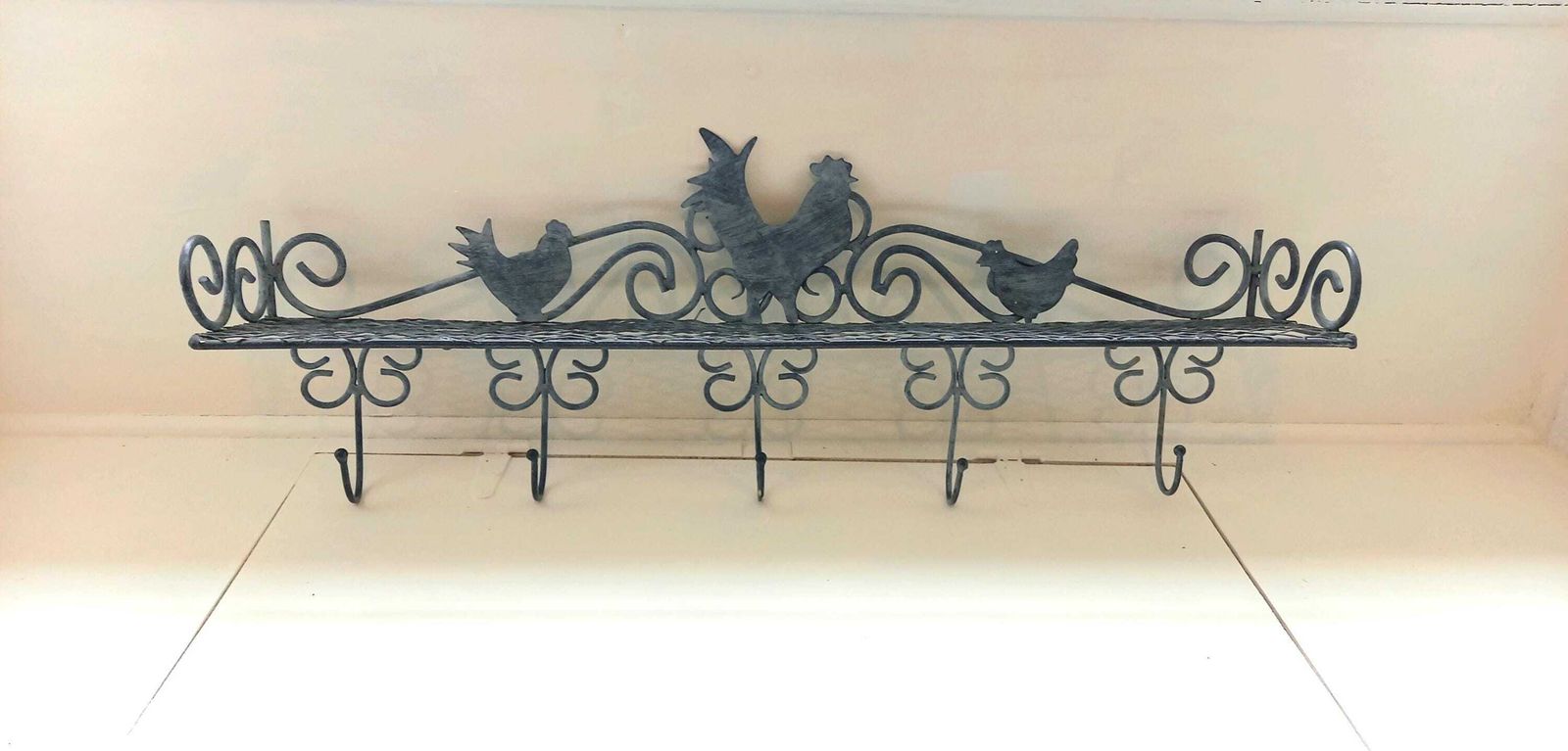 French Vintage Zinc Shelf With Hooks: Farmhouse Chicken Decor