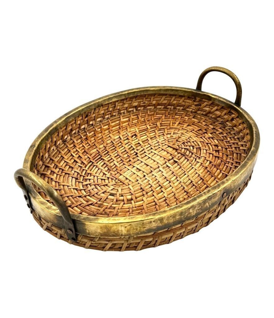 An Italian 1970s Woven Pencil Reed Bamboo And Brass Basket With Two Brass Handles