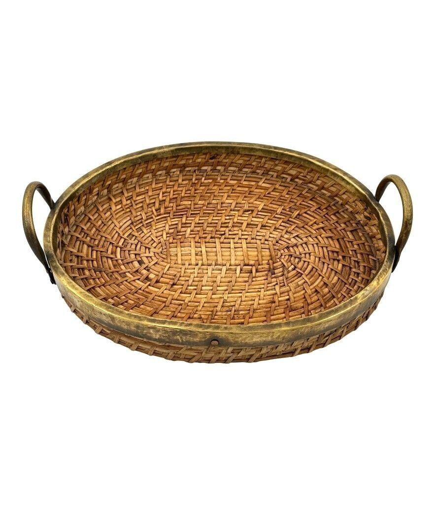 An Italian 1970s Woven Pencil Reed Bamboo And Brass Basket With Two Brass Handles photo for sale