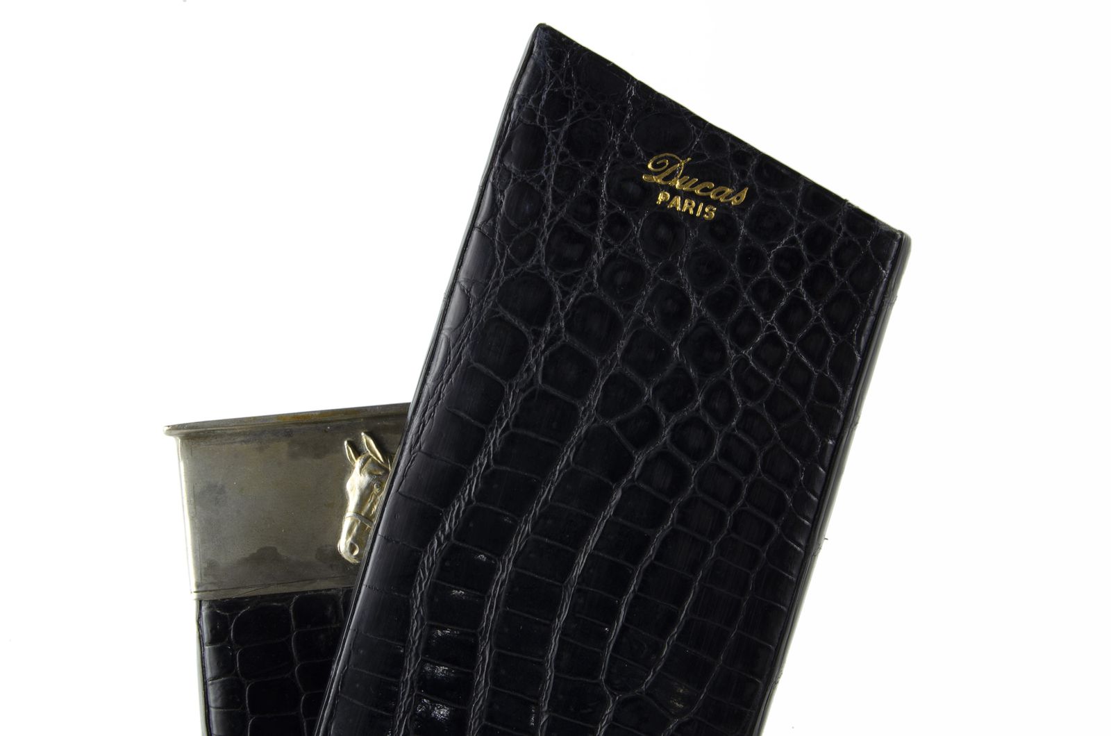 Early 20th Century Belle époque Faux Crocodile Leather And Silvered Metal Cigar Case With Horse Decoration By Ducas Paris, France photo vintage