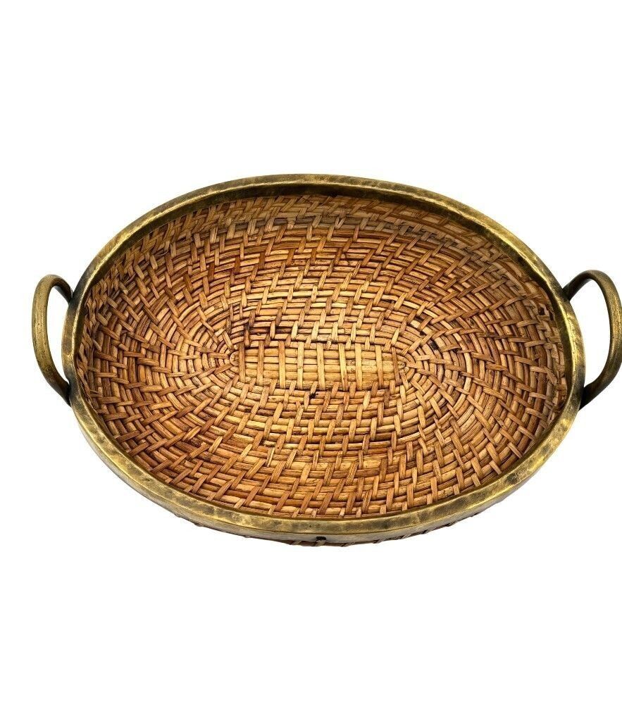 An Italian 1970s Woven Pencil Reed Bamboo And Brass Basket With Two Brass Handles photo 365.0