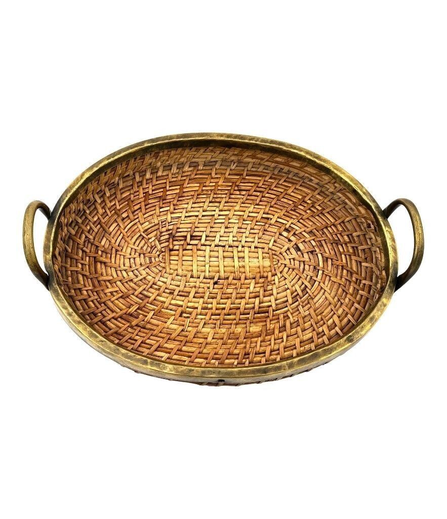An Italian 1970s Woven Pencil Reed Bamboo And Brass Basket With Two Brass Handles photo vinterior