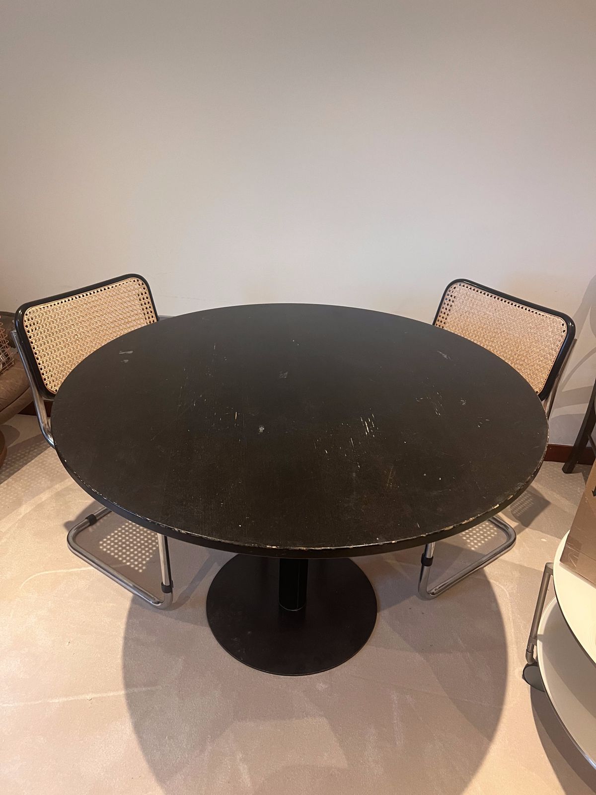 Black Steel Cane Dining Set, 4 Steel Cane Chairs And Matching Black Wooden Dining Table. Vintage Worn In Good Condition.