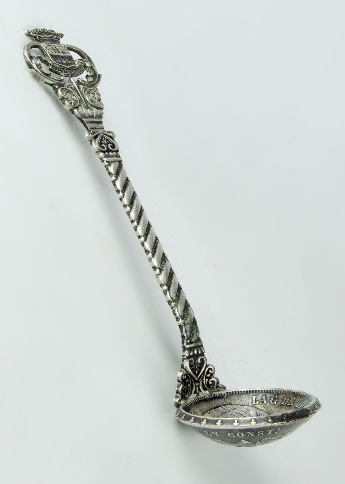 Century Silver Heraldic Souvenir Spoon With 5 Pesetas Coin Bowl Featuring King Alfonso XII, Spain