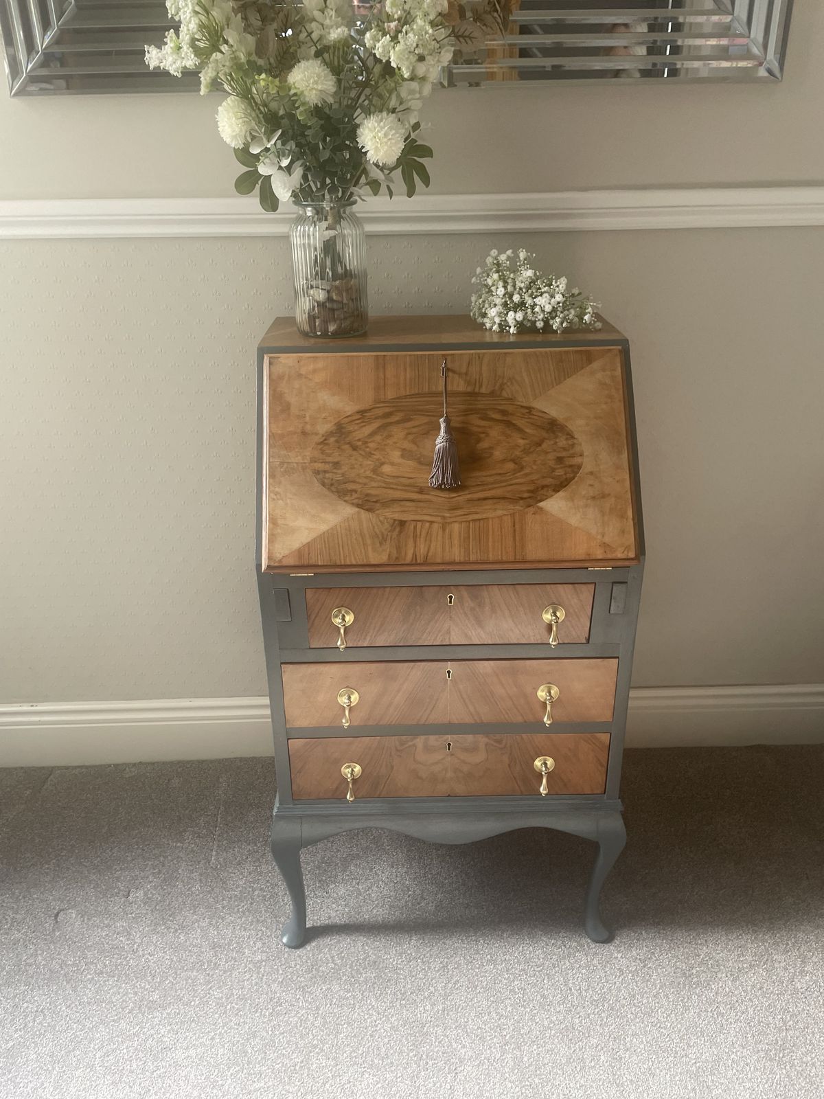 Vintage 3 Drawer Charcoal Grey/Walnut Writing Bureau