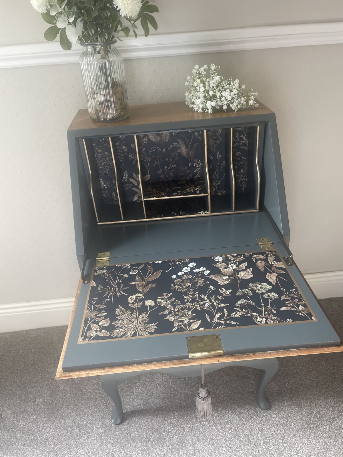 Vintage 3 Drawer Charcoal Grey/Walnut Writing Bureau photo for sale