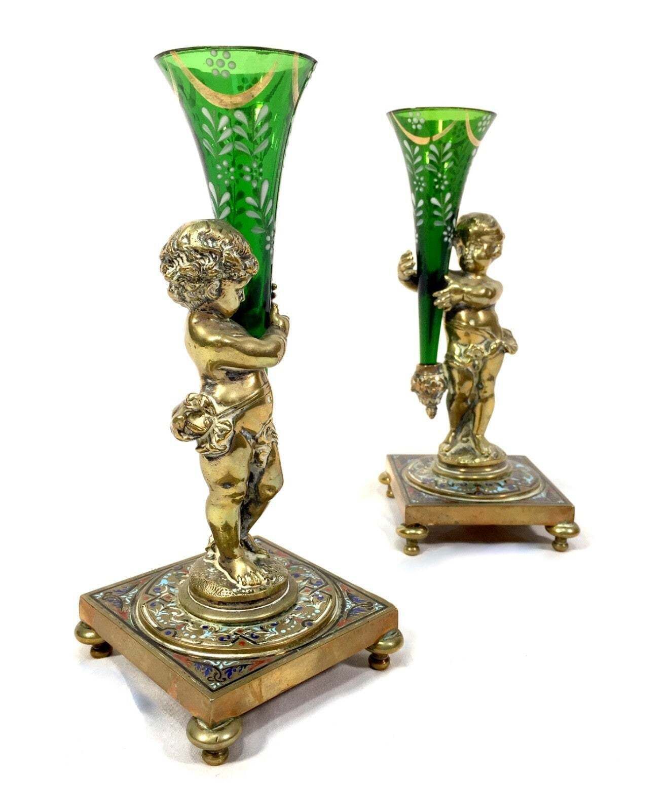 Antique Pair Of French Gilt Bronze & Champlevé Enamel / Hand Painted Glass Vases photo for sale