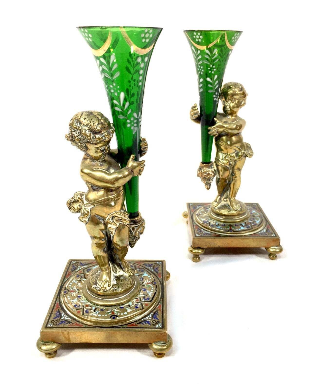 Antique Pair Of French Gilt Bronze & Champlevé Enamel / Hand Painted Glass Vases photo Home Decor