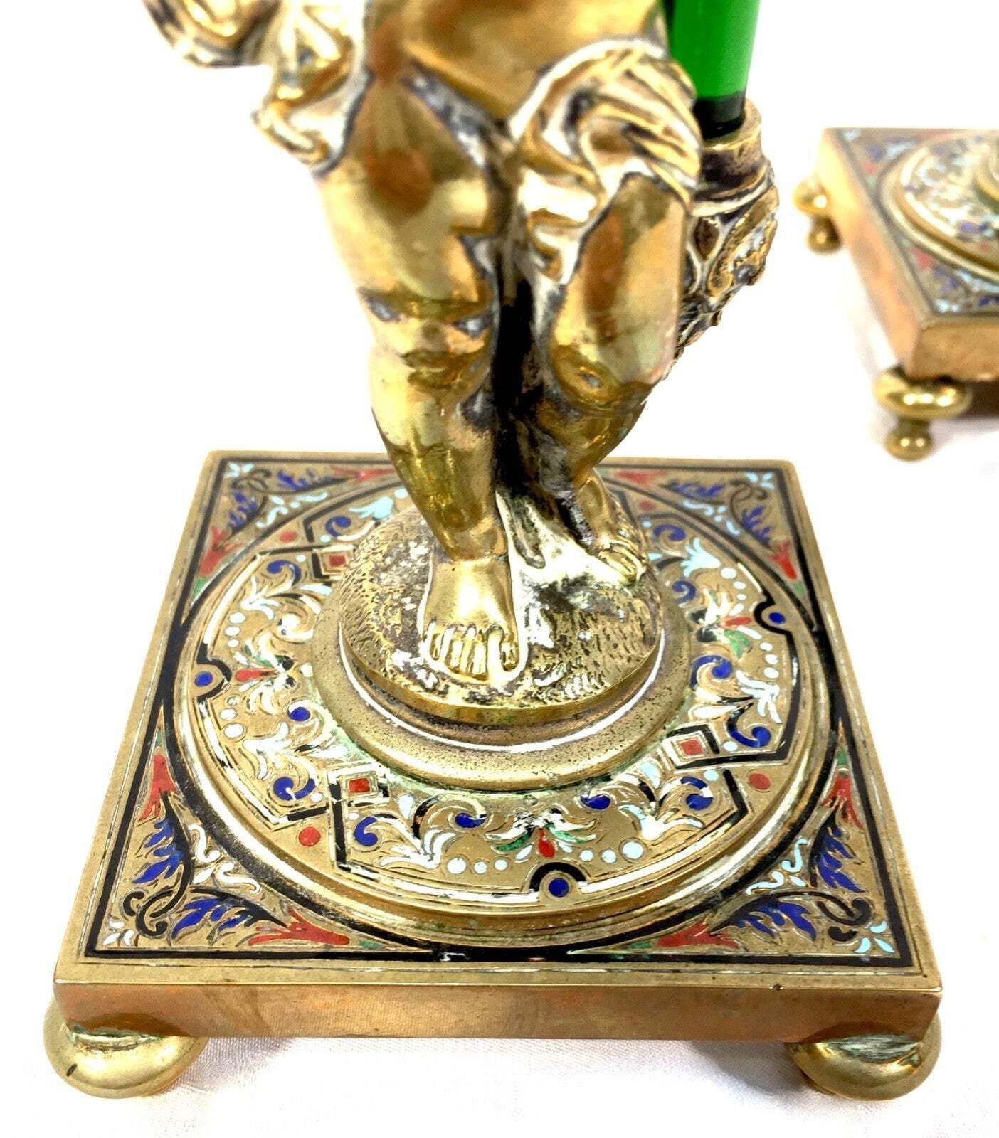 Antique Pair Of French Gilt Bronze & Champlevé Enamel / Hand Painted Glass Vases photo 399.0