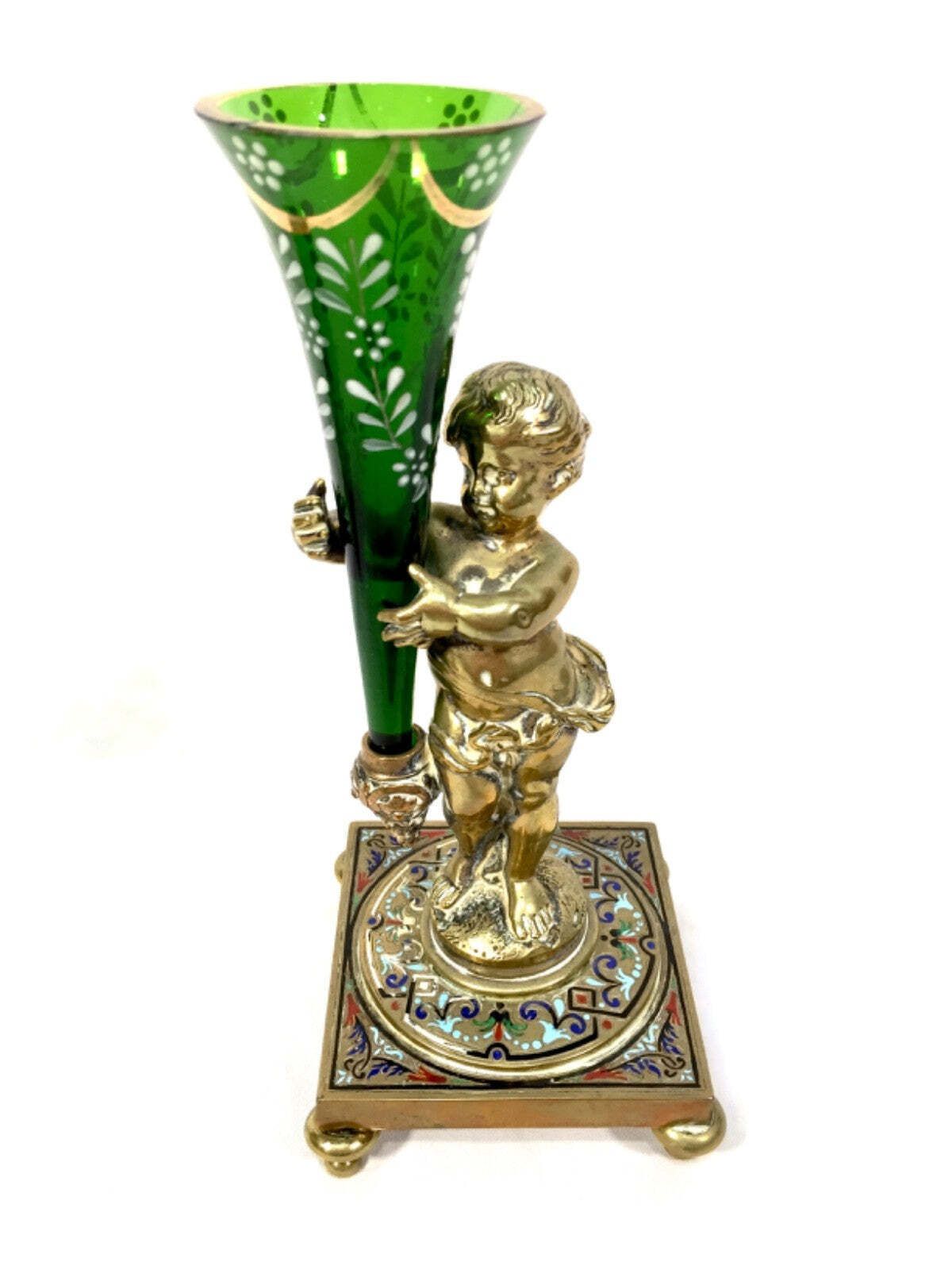 Antique Pair Of French Gilt Bronze & Champlevé Enamel / Hand Painted Glass Vases photo vinterior