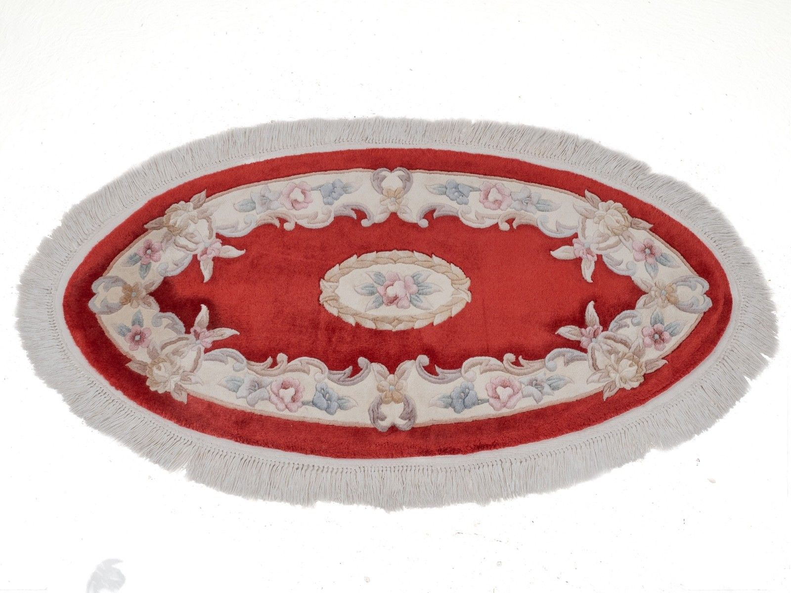 Vintage Chinese Aubusson Oval Hand Woven Red Rug 5'3" X 3' (161 X 91 Cm Carpet) photo for sale