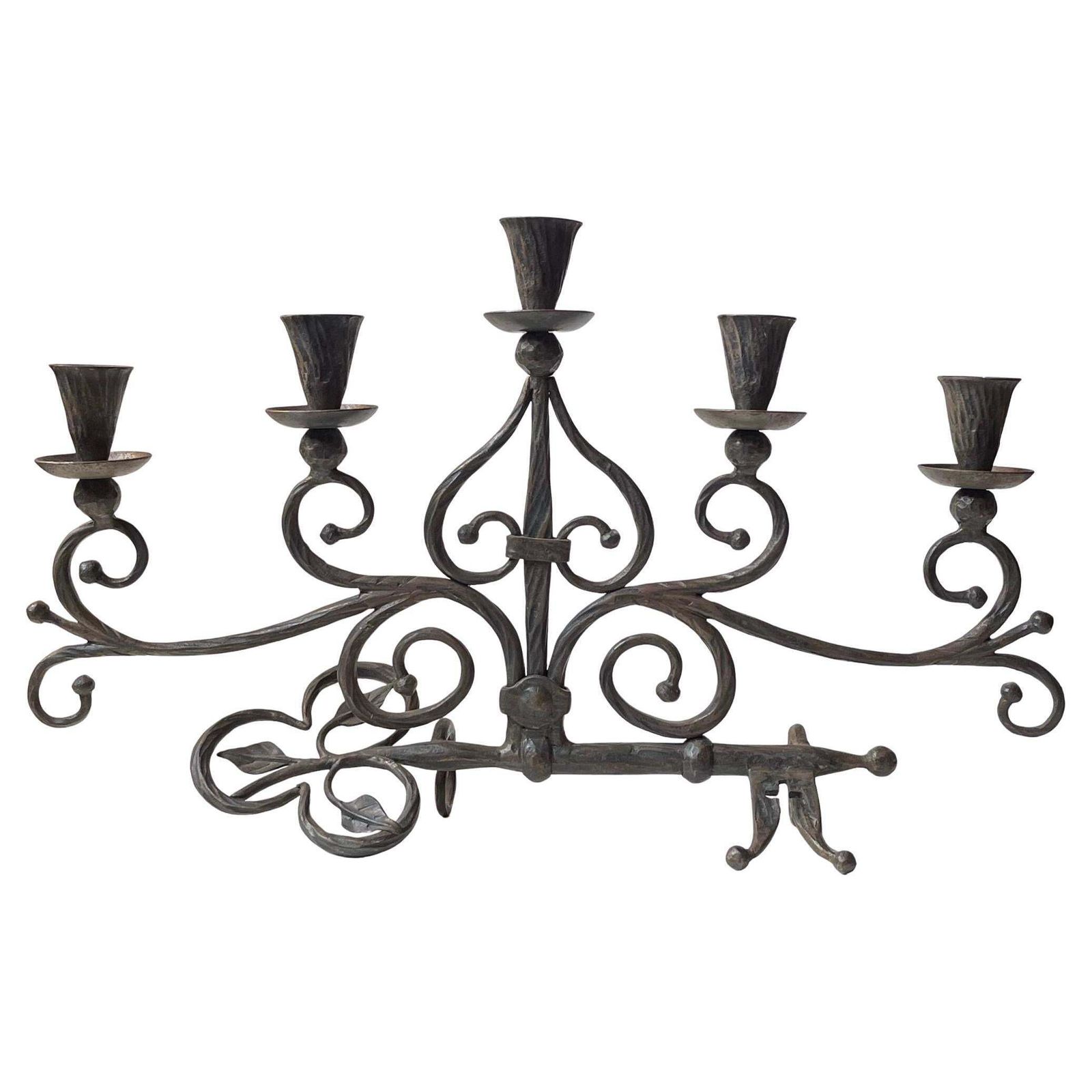 Old Italian Hand Forged Wrought Iron Church 'Key' Candelabra W. 5 Arms
